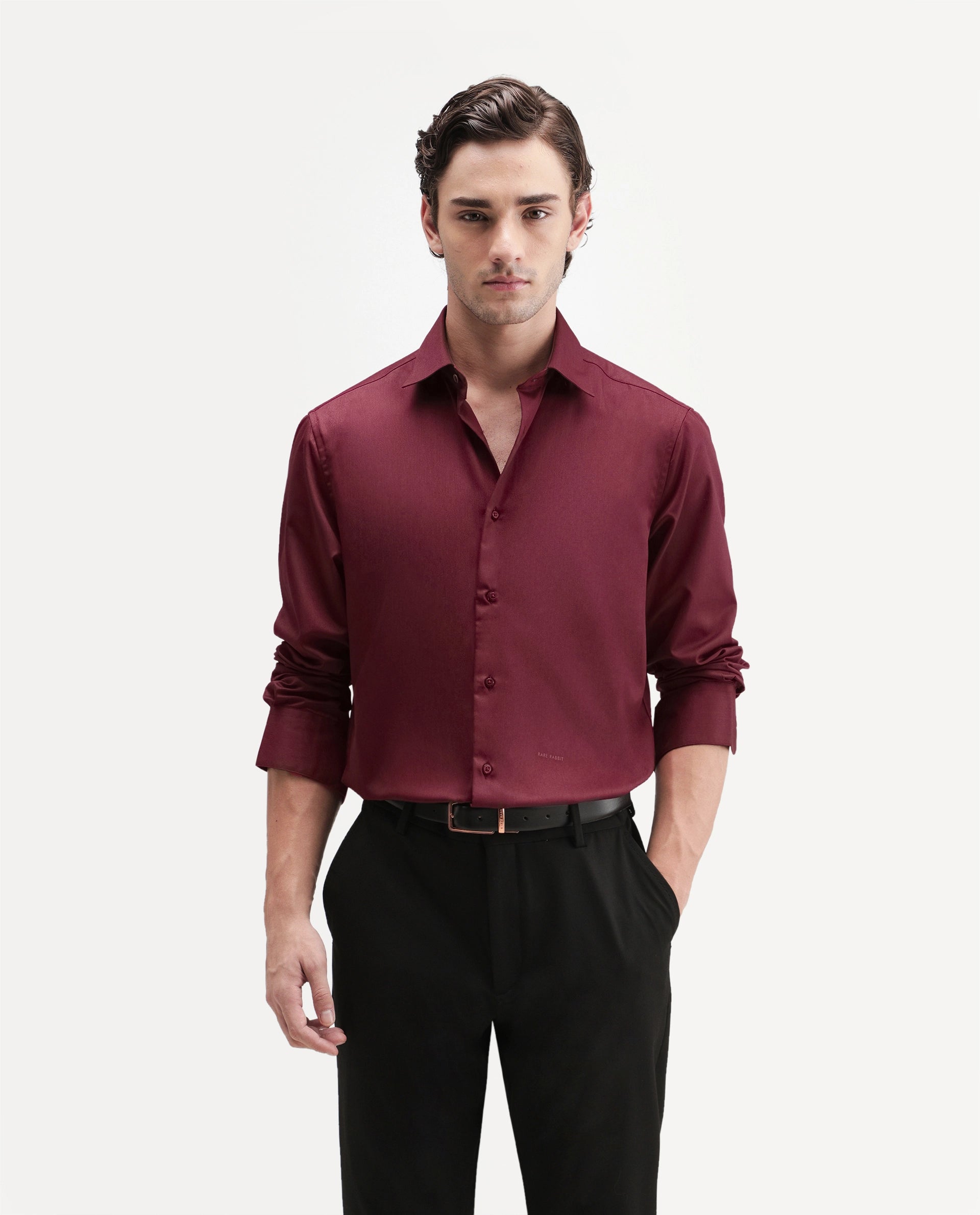 Rare Rabbit Men's Aston Maroon Polyester Blend Spread Collar Button Regular Plain Shirt