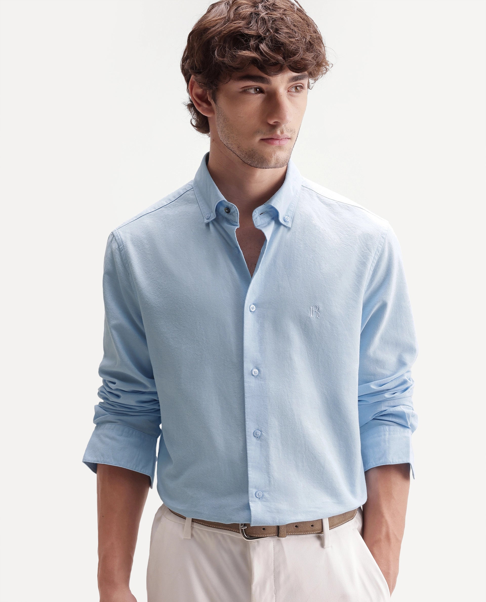 Rare Rabbit Men's Rezos Light Blue Cotton Button-Down Collar Regular Fit Plain Shirt