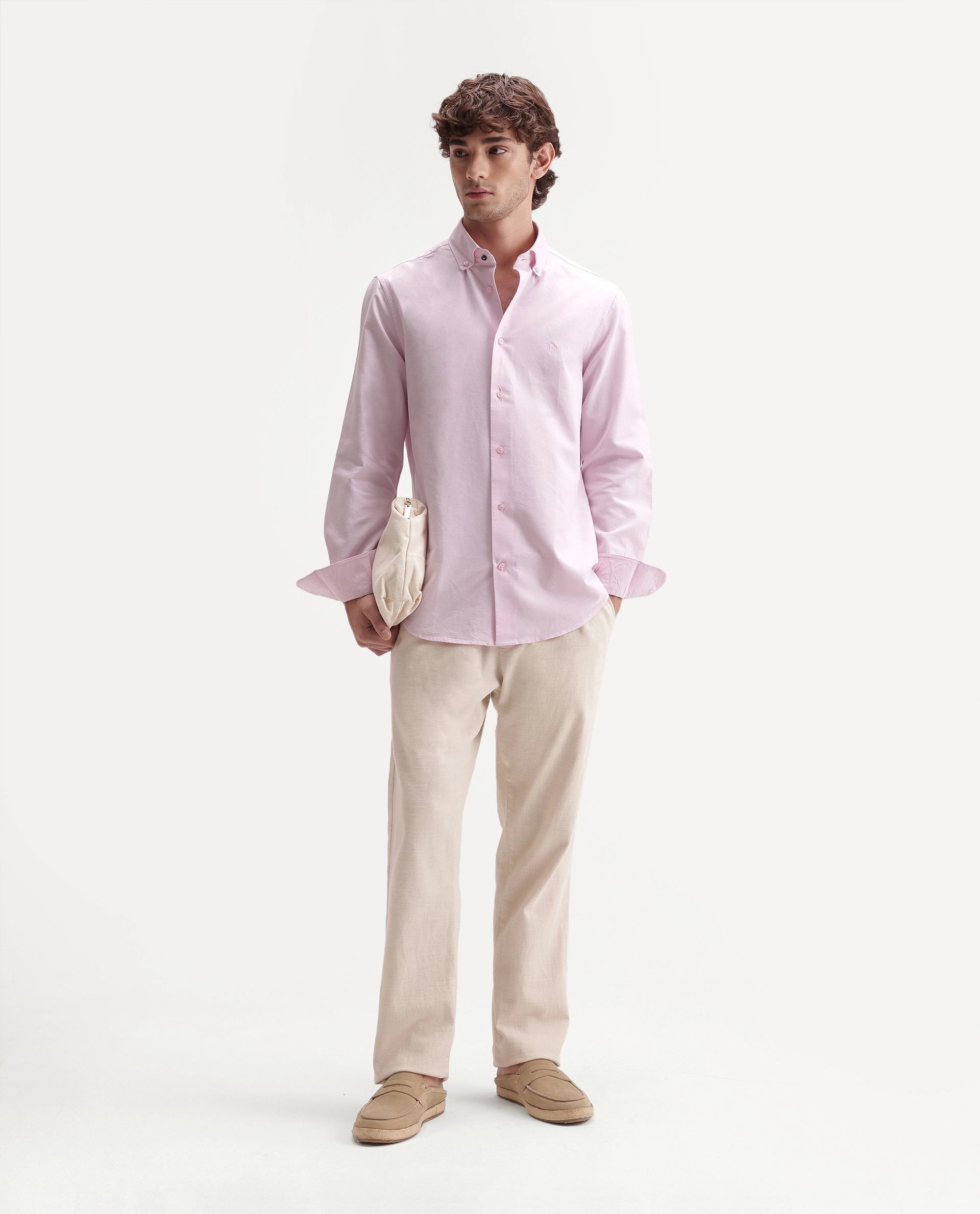 Rare Rabbit Men's Rezos Light Pink Cotton Button-Down Collar Regular Fit Plain Shirt