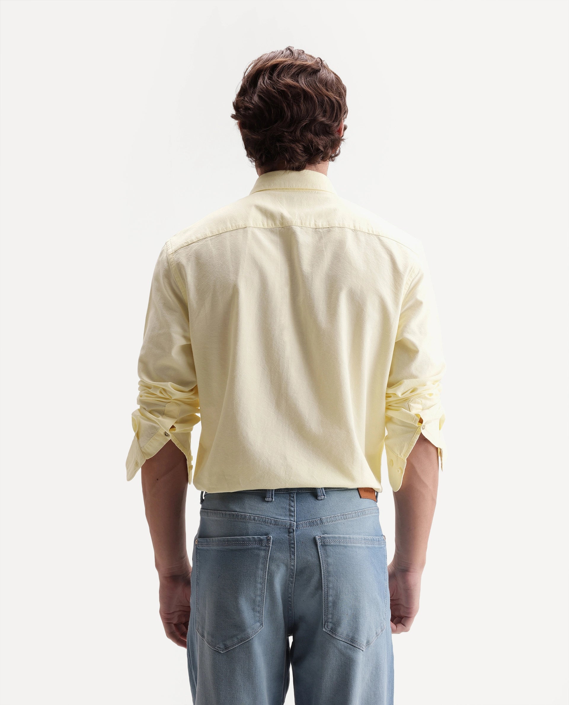 Rare Rabbit Men's Rezos Light Yellow Cotton Button-Down Collar Regular Fit Plain Shirt