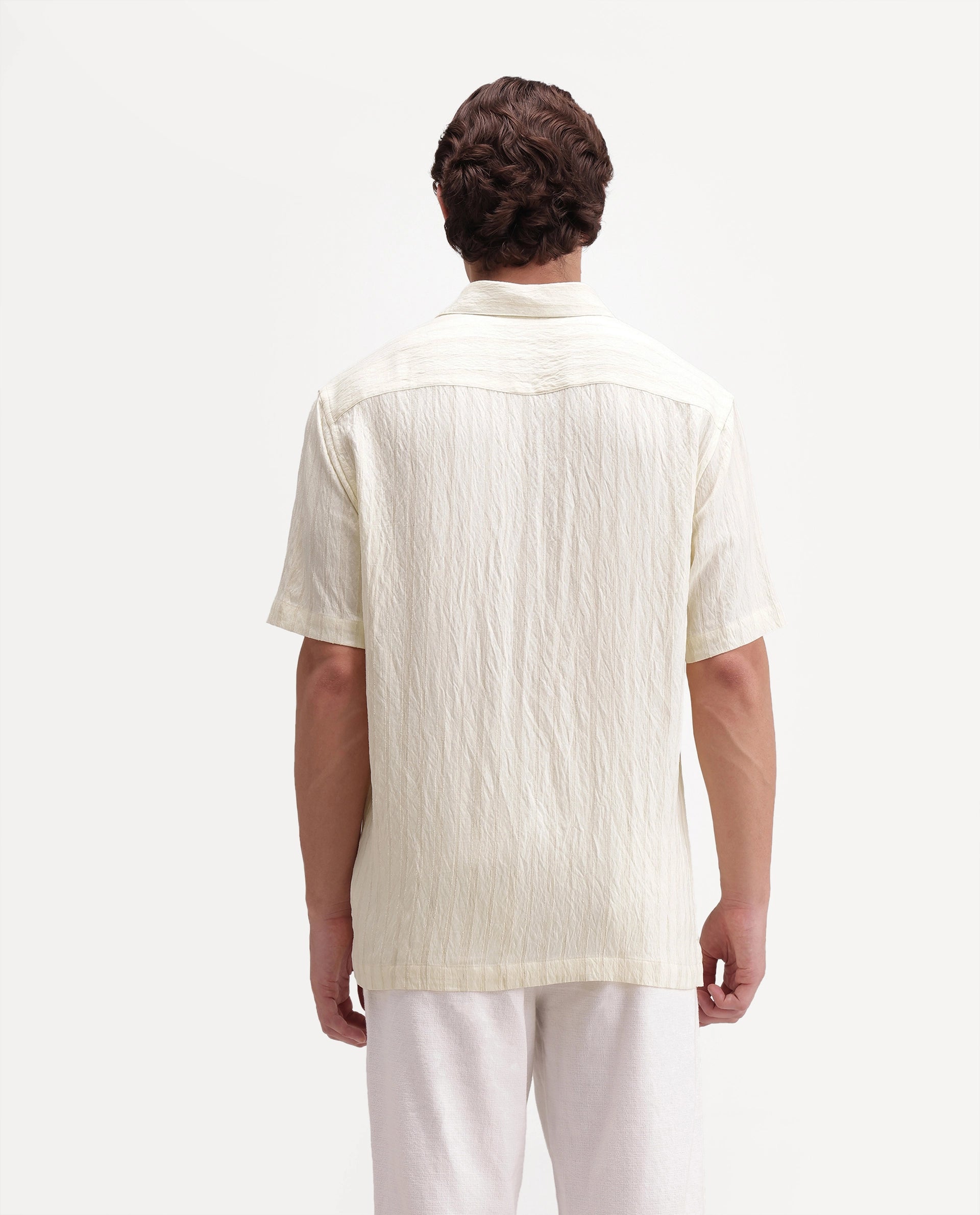 Rare Rabbit Men's Darsh-S Light Yellow Viscose Blend Spread Collar Regular Fit Textured Shirt