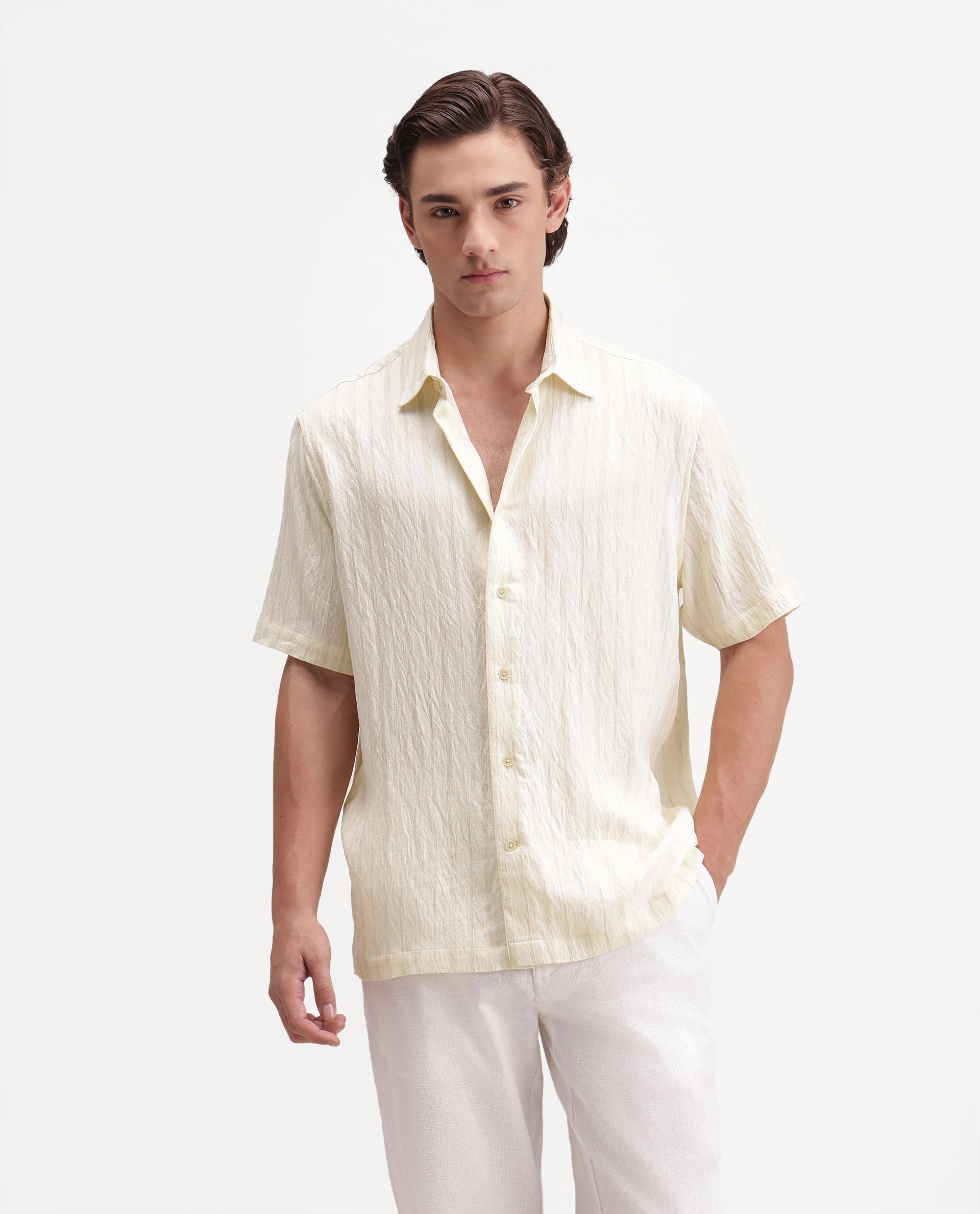 Rare Rabbit Men's Darsh-S Light Yellow Viscose Blend Spread Collar Regular Fit Textured Shirt