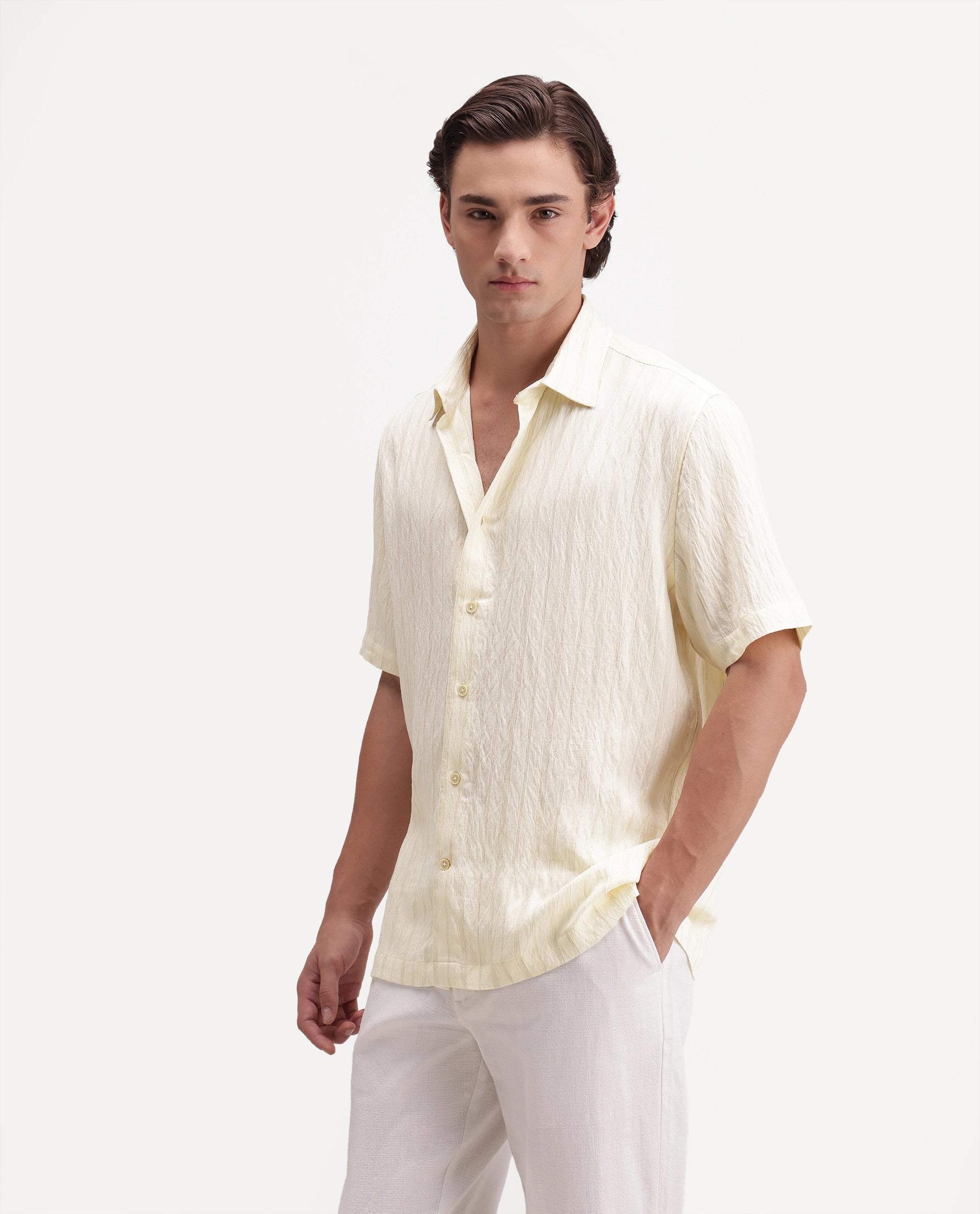 Rare Rabbit Men's Darsh-S Light Yellow Viscose Blend Spread Collar Regular Fit Textured Shirt