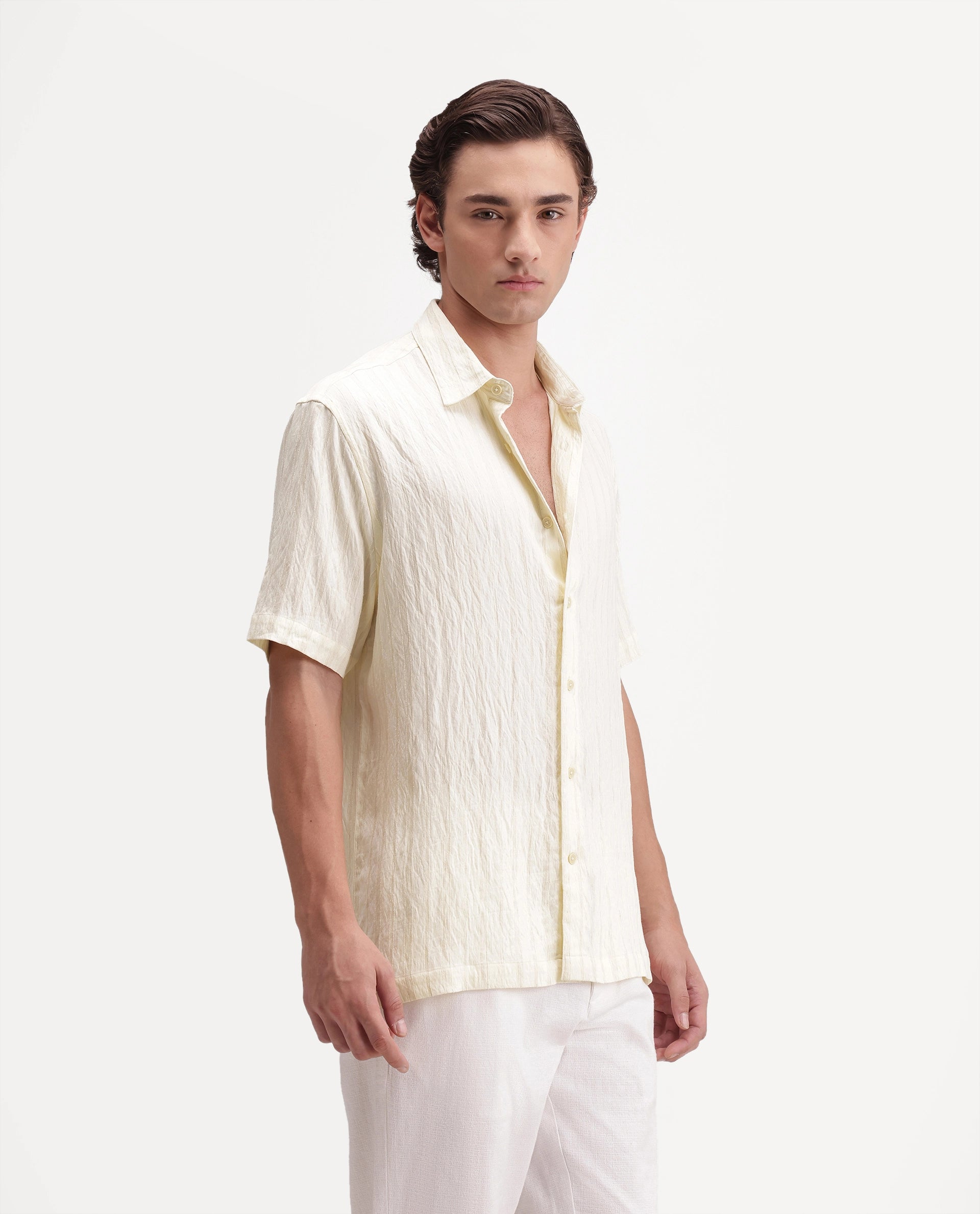 Rare Rabbit Men's Darsh-S Light Yellow Viscose Blend Spread Collar Regular Fit Textured Shirt
