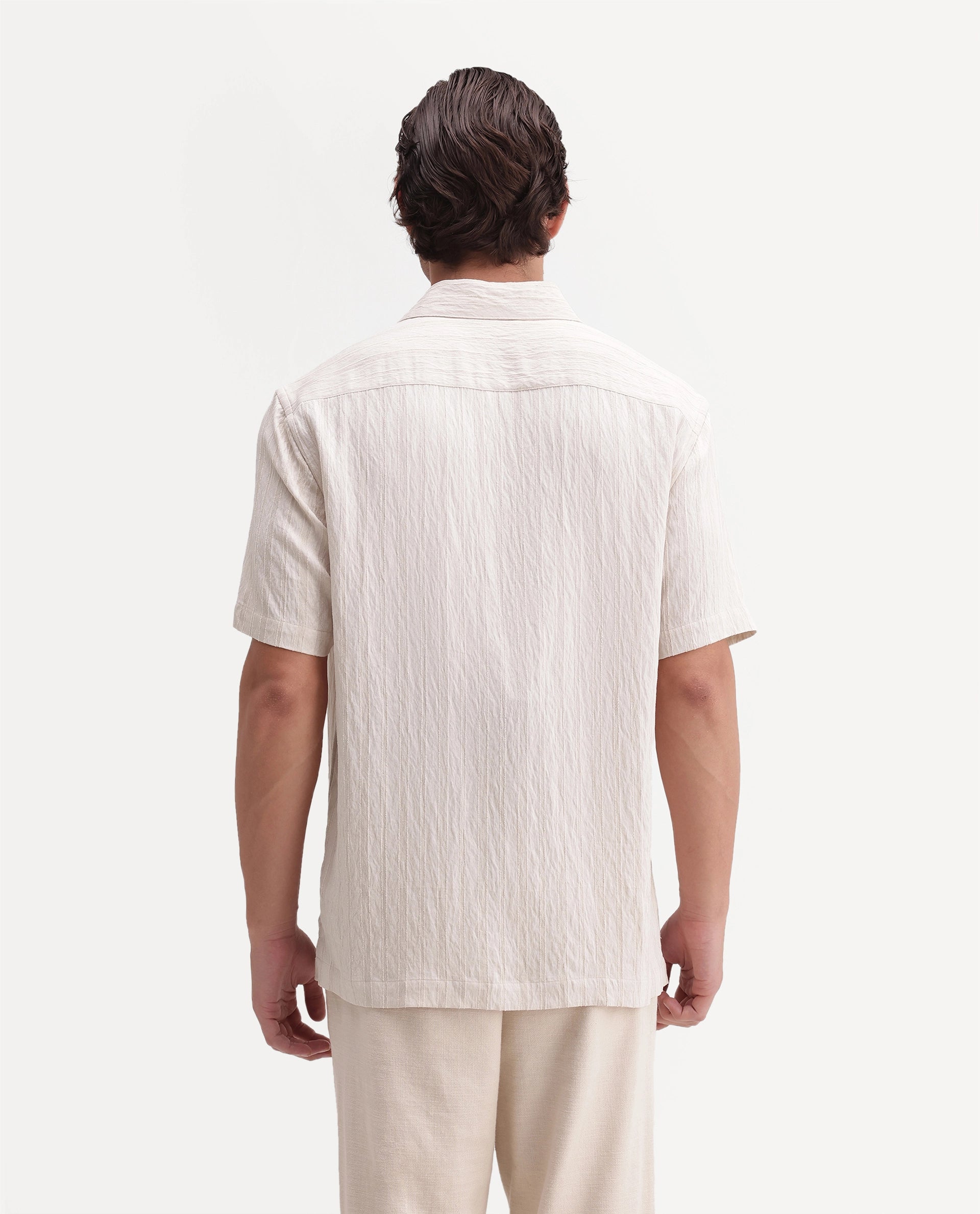 Rare Rabbit Men's Darsh-S Beige Viscose Blend Spread Collar Regular Fit Textured Shirt