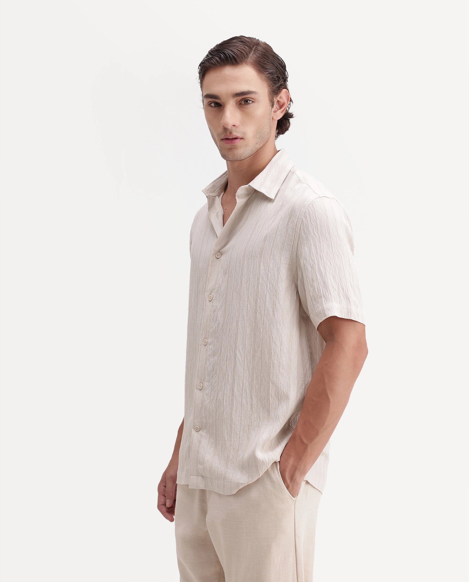 Rare Rabbit Men's Darsh-S Beige Viscose Blend Spread Collar Regular Fit Textured Shirt