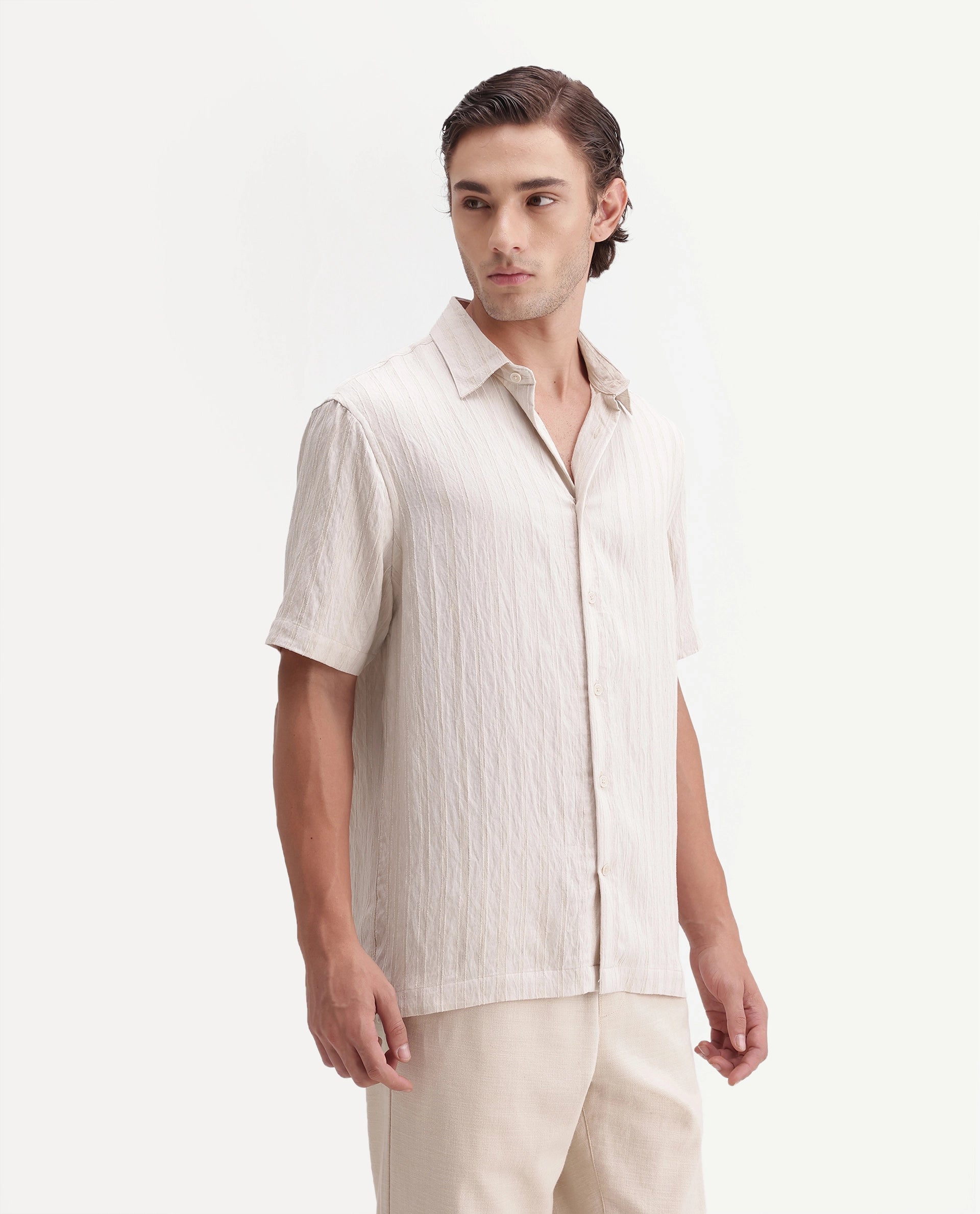 Rare Rabbit Men's Darsh-S Beige Viscose Blend Spread Collar Regular Fit Textured Shirt