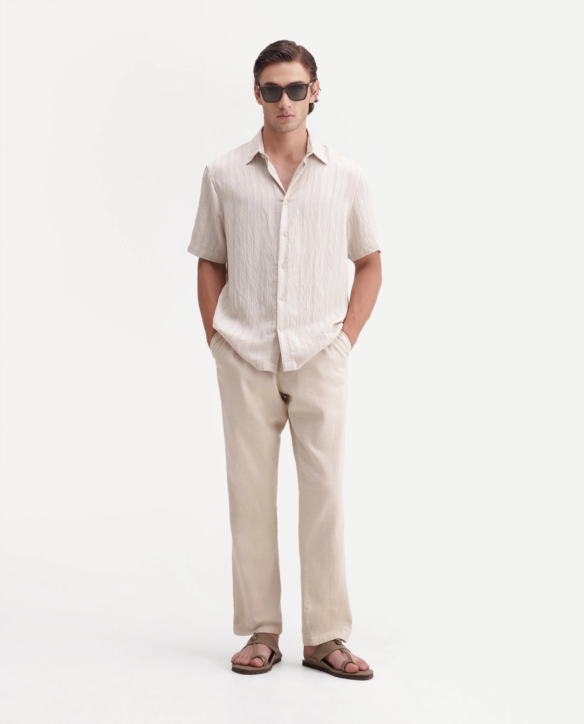Rare Rabbit Men's Darsh-S Beige Viscose Blend Spread Collar Regular Fit Textured Shirt