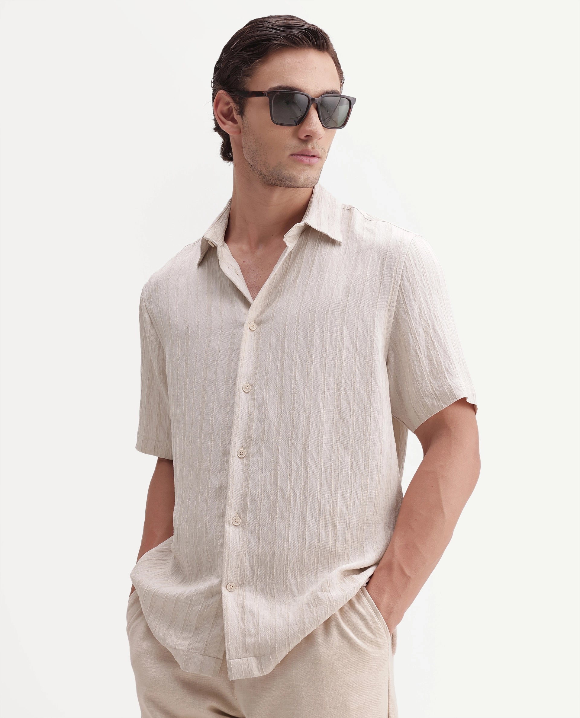 Rare Rabbit Men's Darsh-S Beige Viscose Blend Spread Collar Regular Fit Textured Shirt