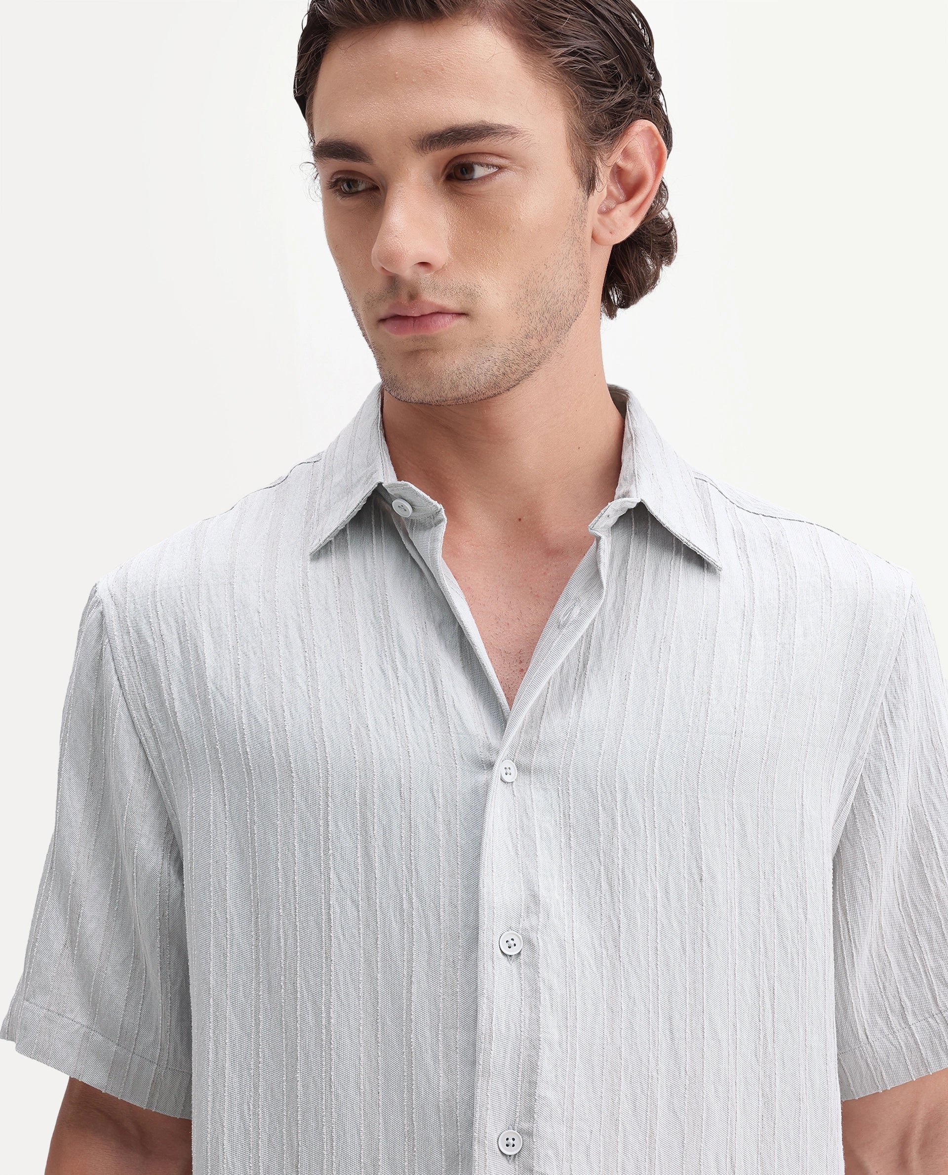 Rare Rabbit Men's Darsh-S Light Blue Viscose Blend Spread Collar Regular Fit Textured Shirt