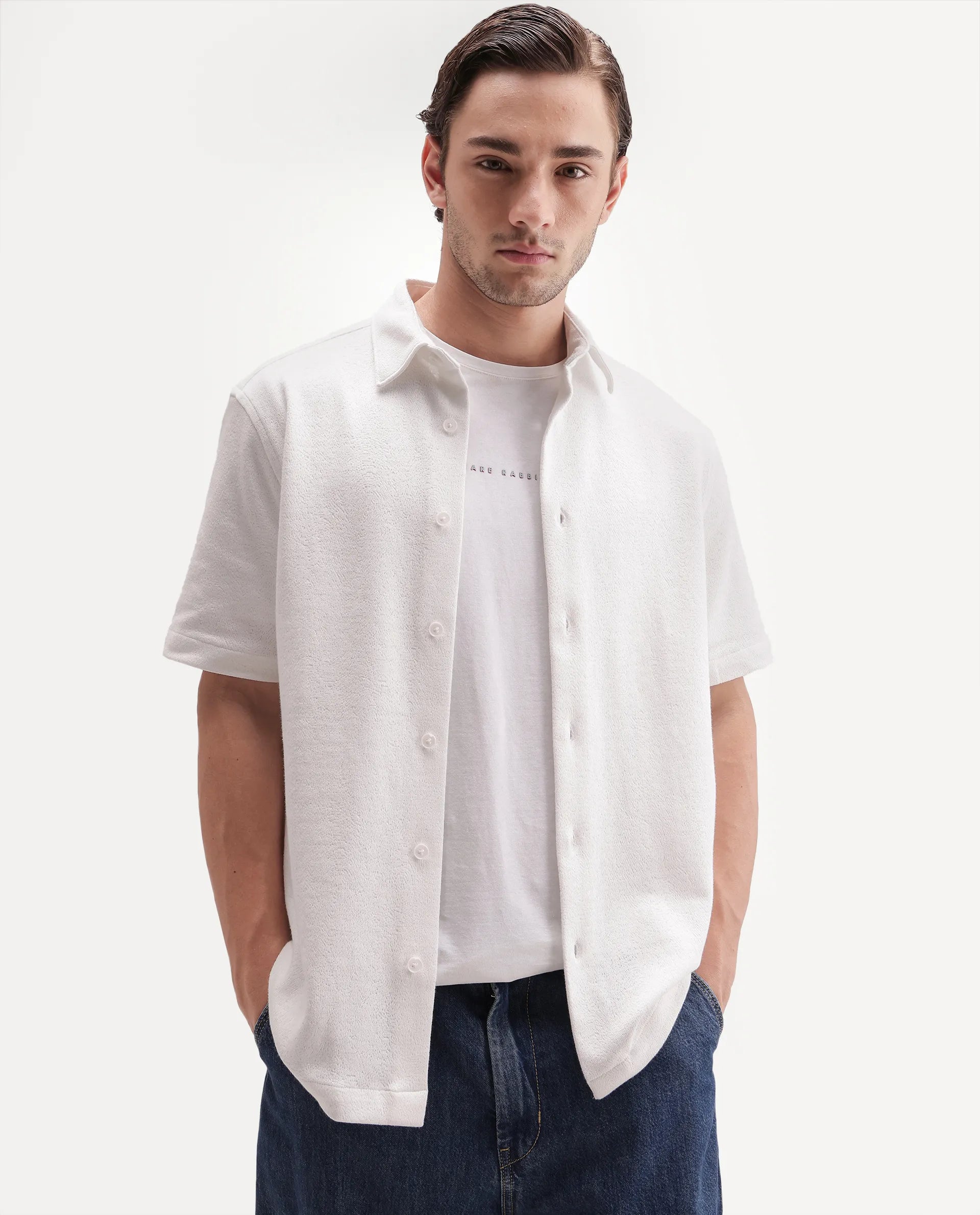 Rare Rabbit Men's Davin-S White Cotton Blend Spread Collar Regular Fit Textured Shirt