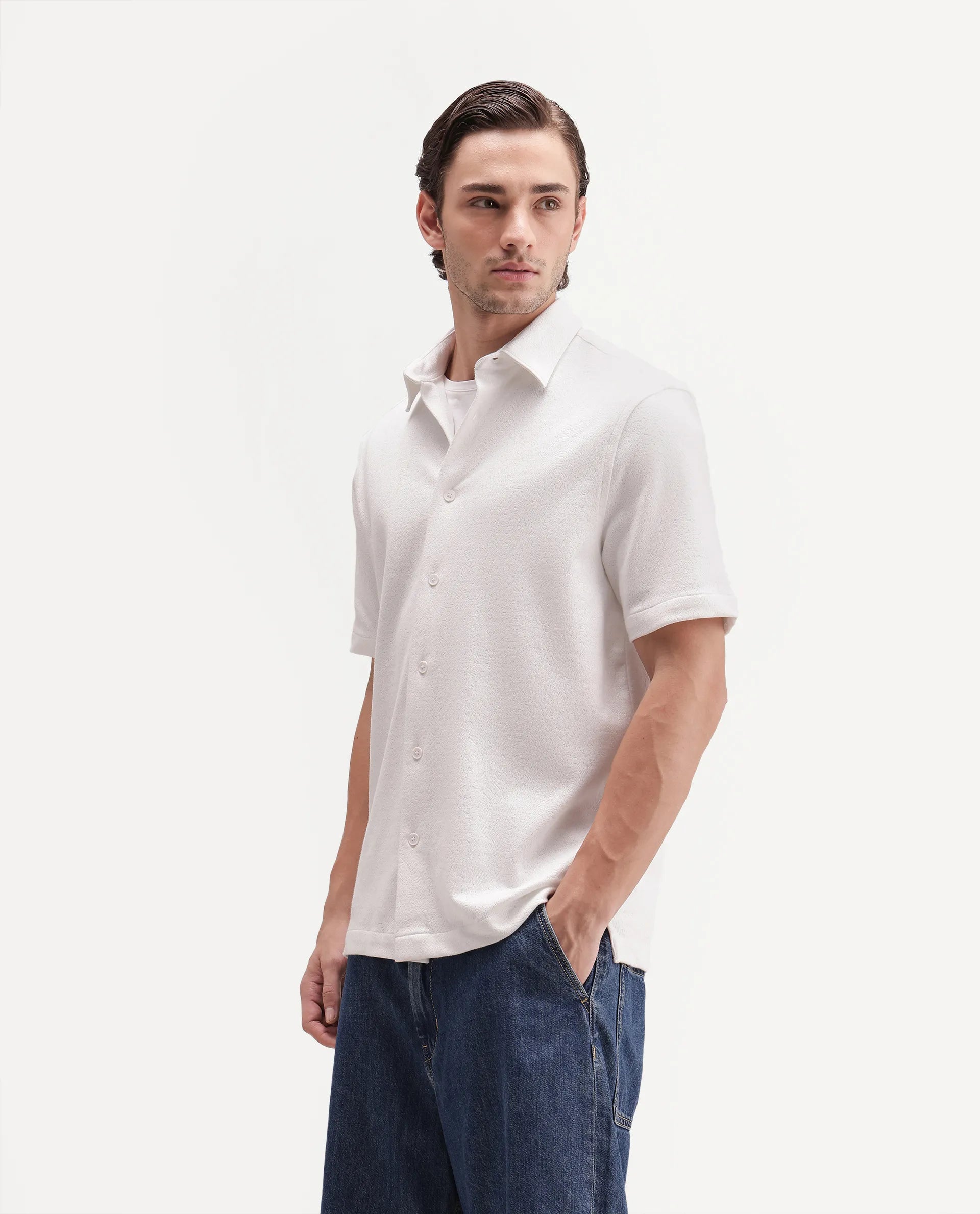Rare Rabbit Men's Davin-S White Cotton Blend Spread Collar Regular Fit Textured Shirt