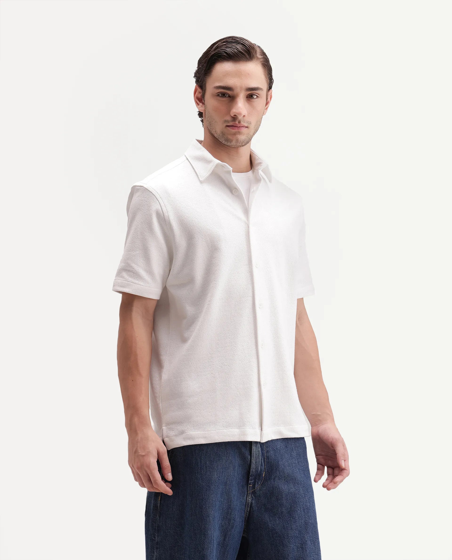 Rare Rabbit Men's Davin-S White Cotton Blend Spread Collar Regular Fit Textured Shirt
