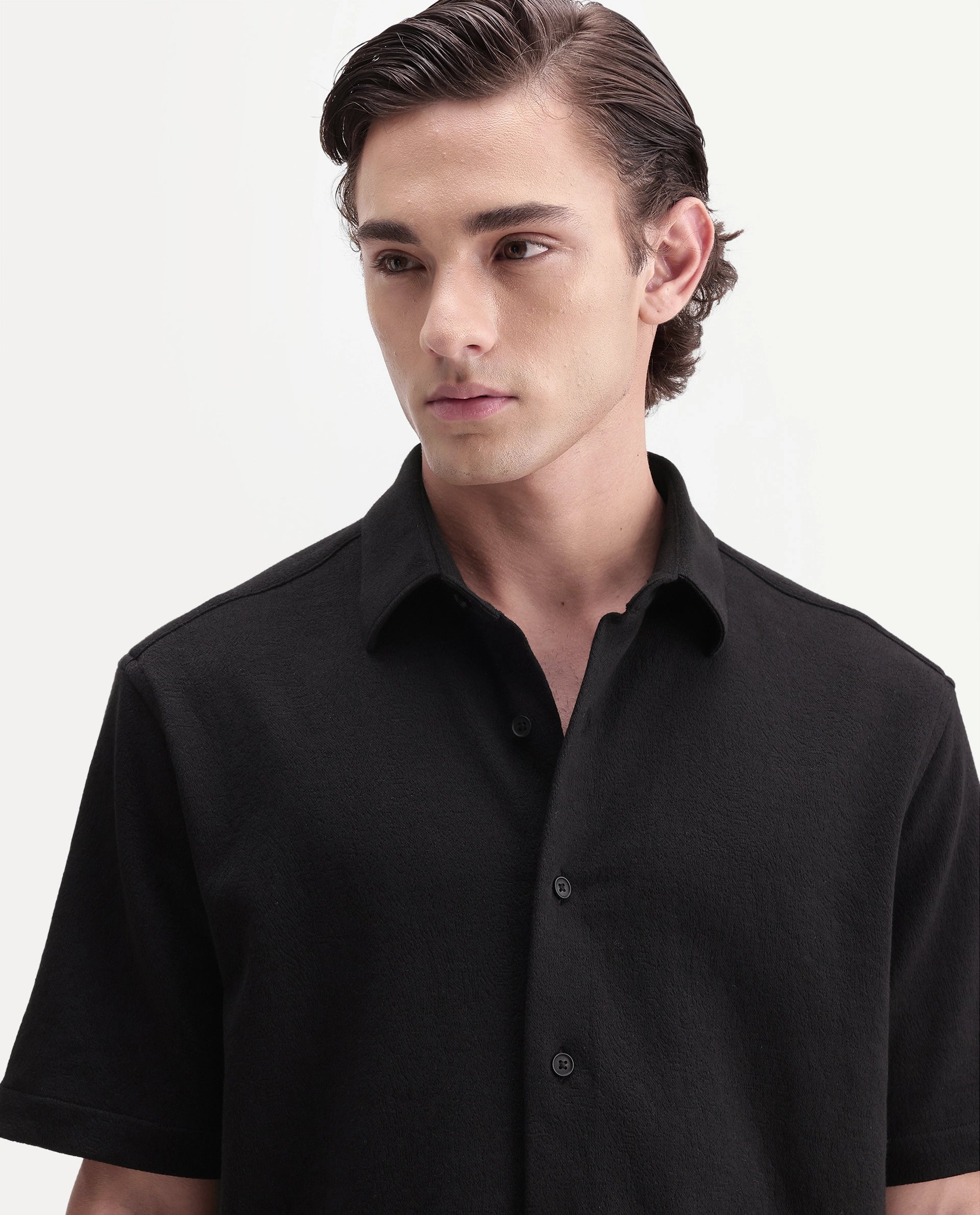 Rare Rabbit Men's Davin-S Black Cotton Blend Spread Collar Regular Fit Textured Shirt