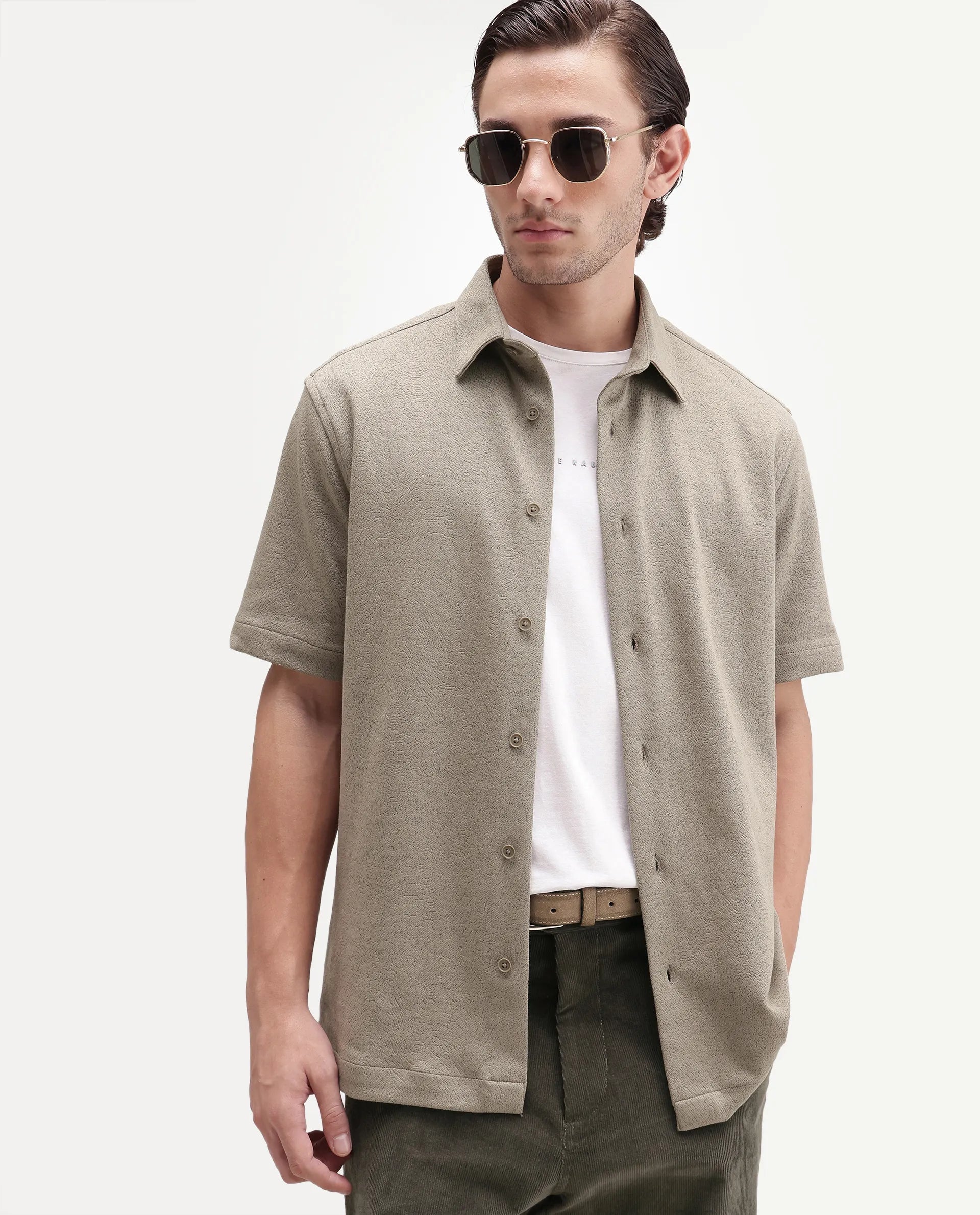 Rare Rabbit Men's Davin-S Light Green Cotton Blend Spread Collar Regular Fit Textured Shirt