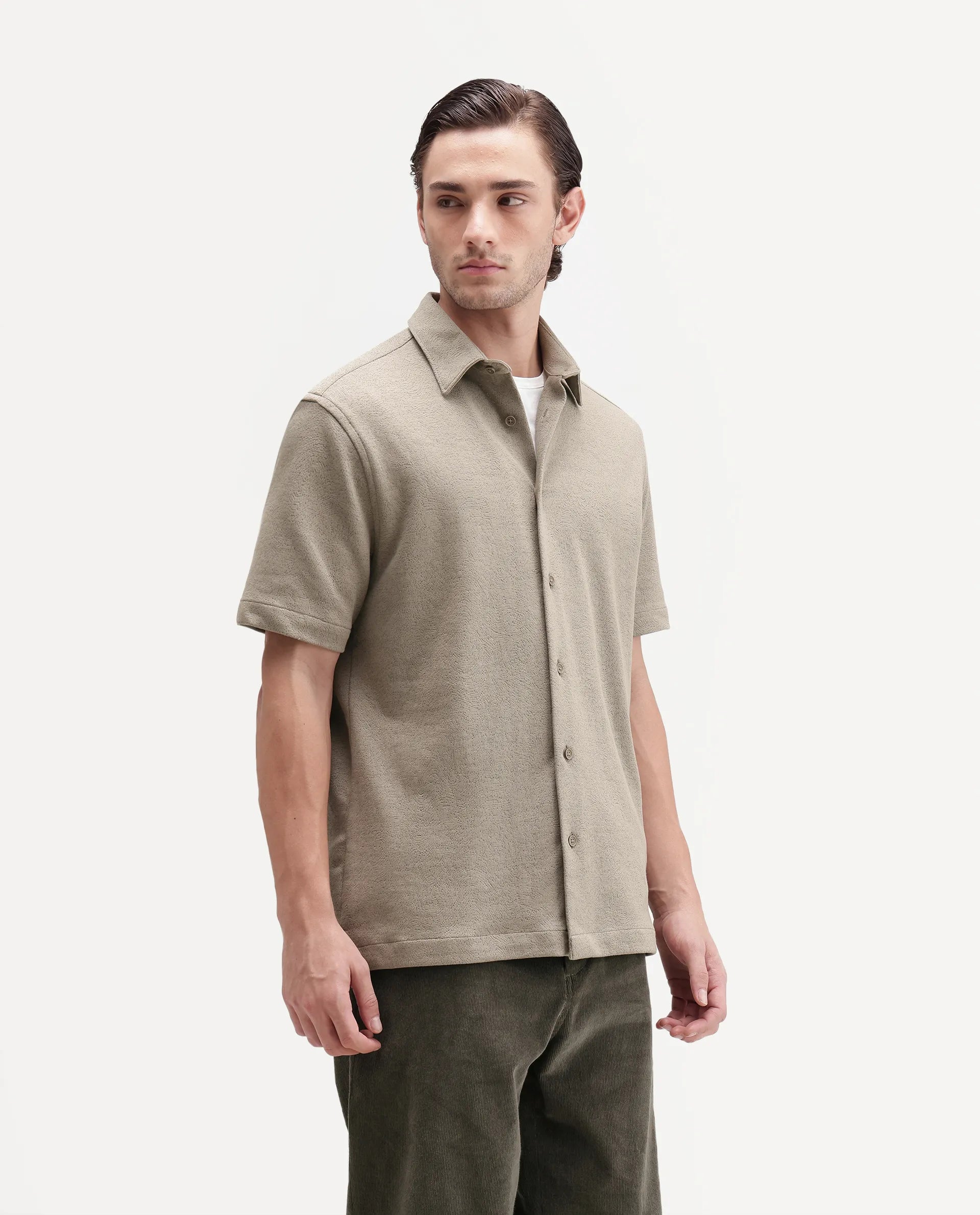 Rare Rabbit Men's Davin-S Light Green Cotton Blend Spread Collar Regular Fit Textured Shirt