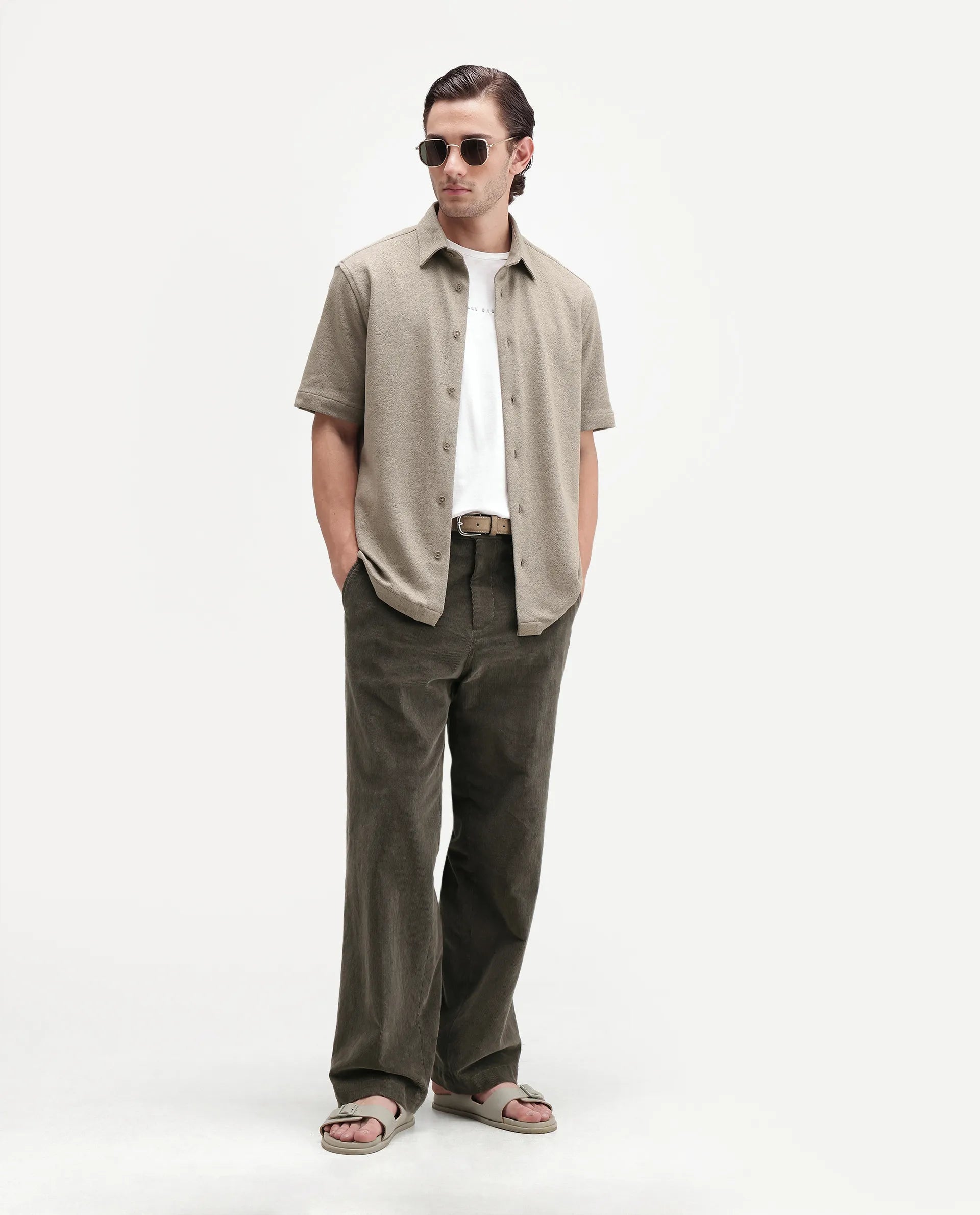 Rare Rabbit Men's Davin-S Light Green Cotton Blend Spread Collar Regular Fit Textured Shirt