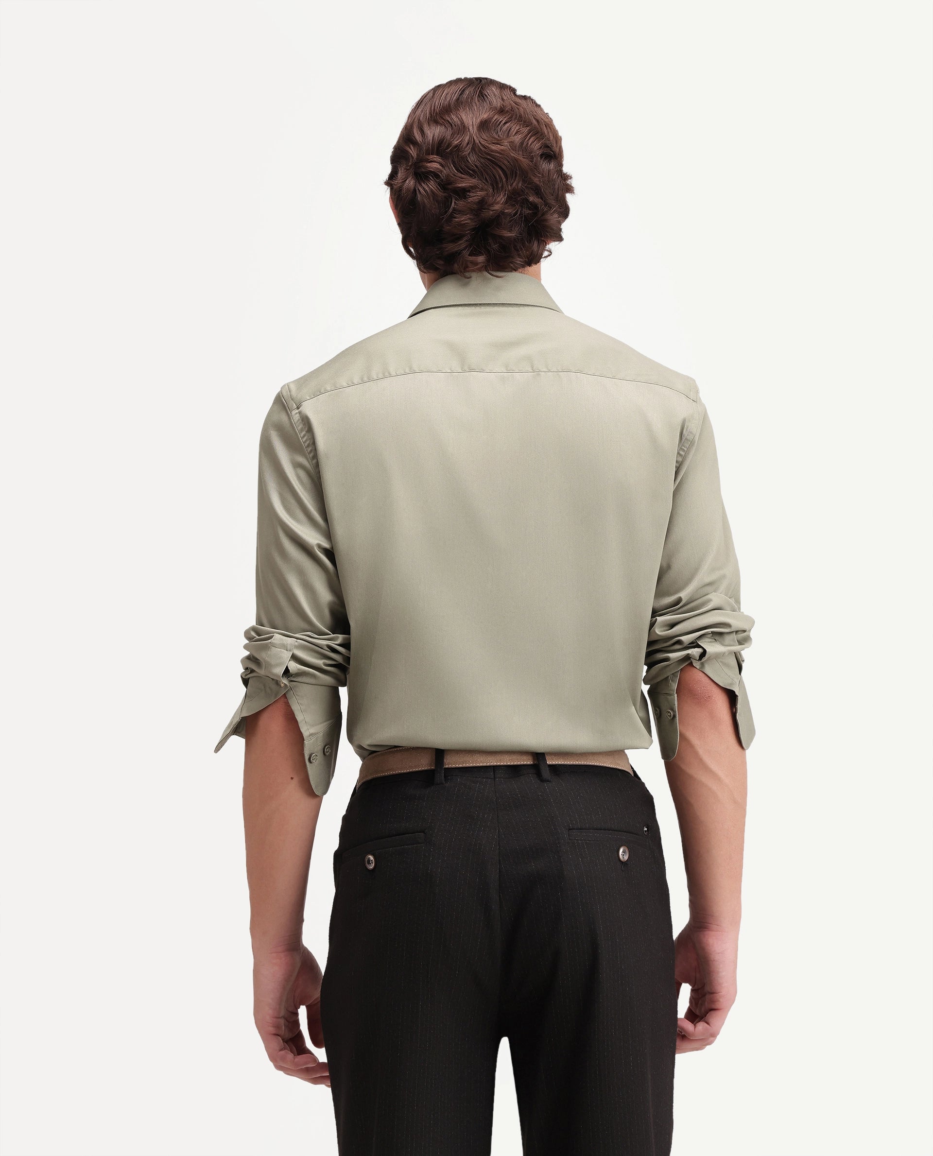 Rare Rabbit Men's Zapi Dusky Olive Polyester Blend Spread Collar Regular Fit Plain Shirt