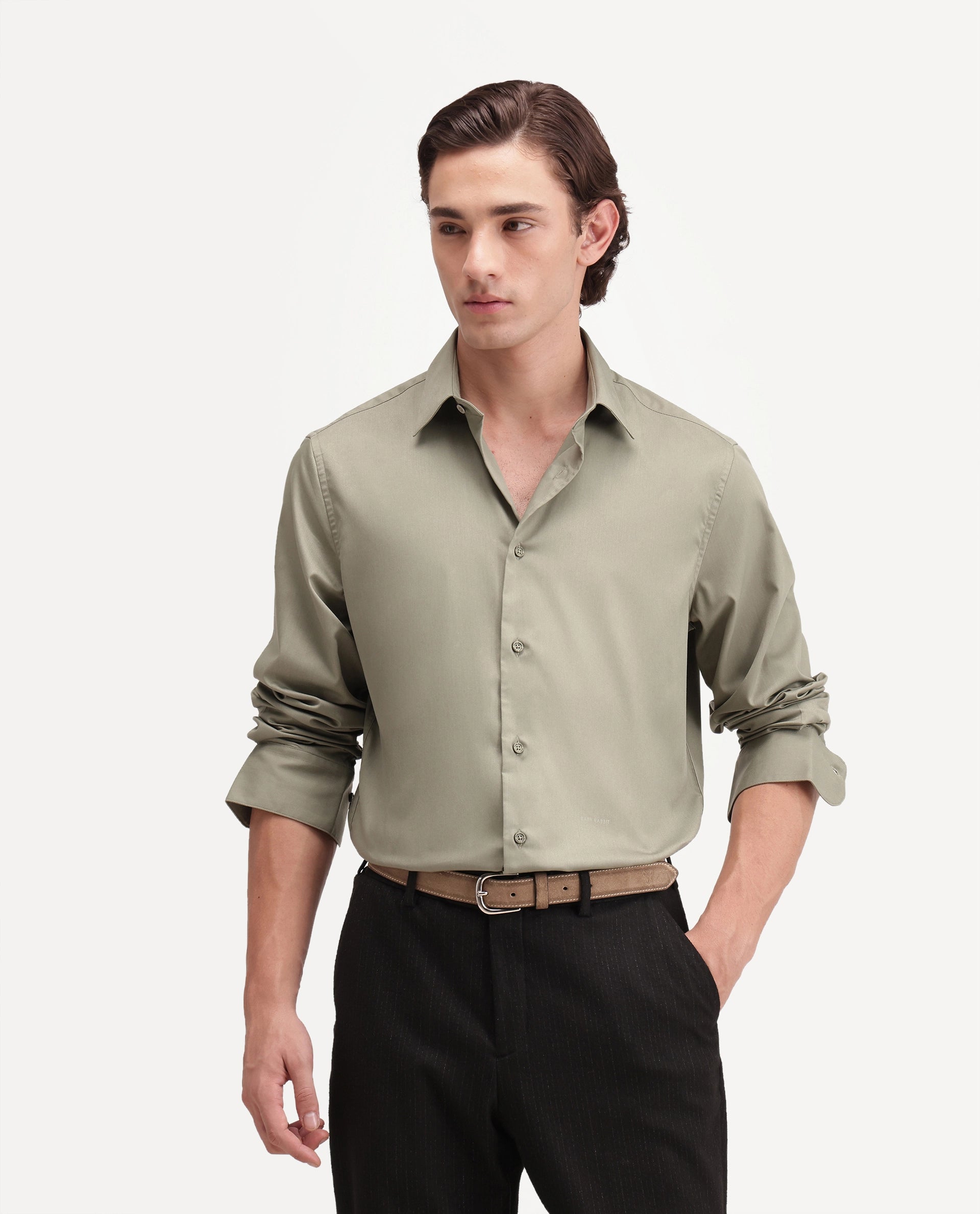 Rare Rabbit Men's Zapi Dusky Olive Polyester Blend Spread Collar Regular Fit Plain Shirt