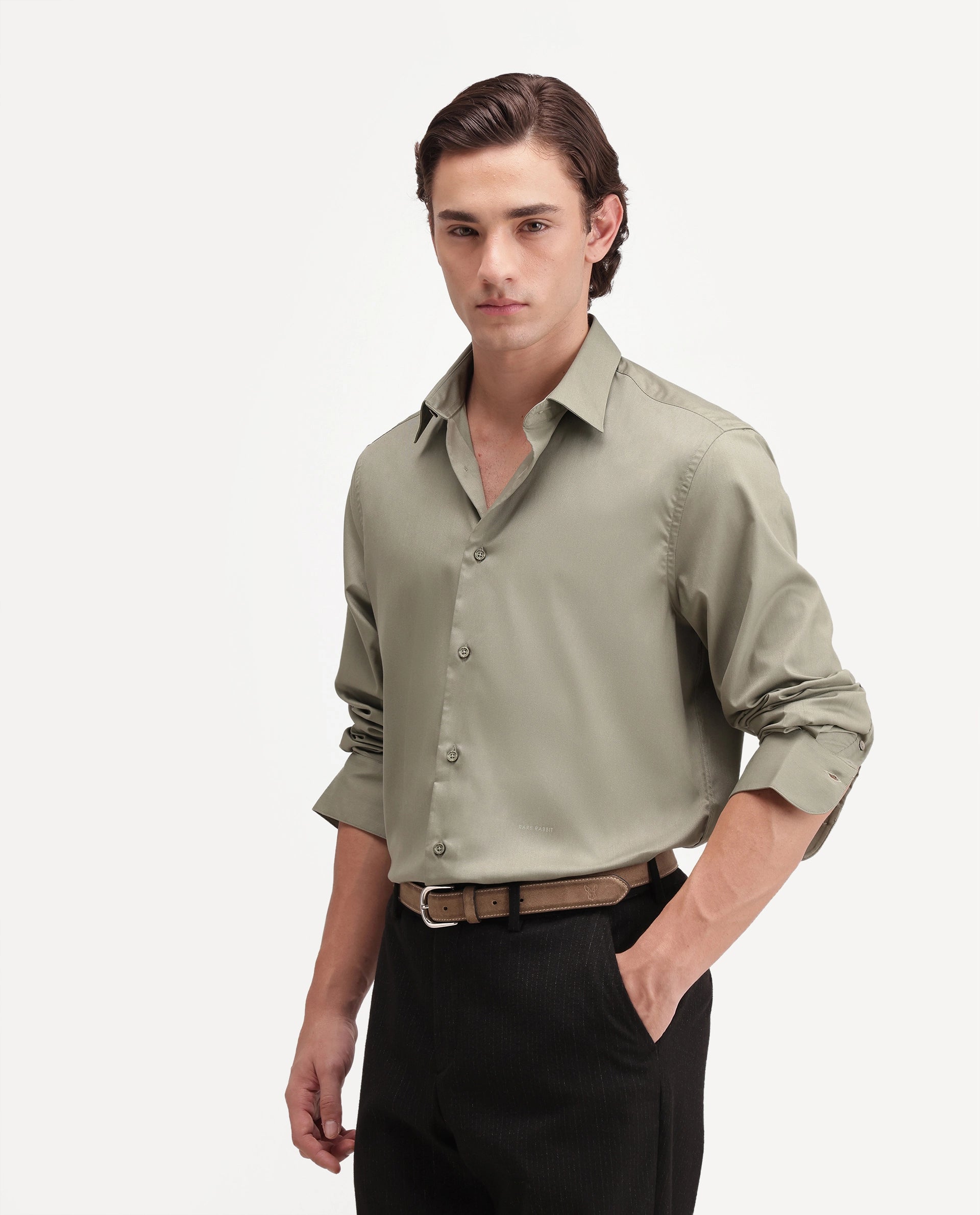 Rare Rabbit Men's Zapi Dusky Olive Polyester Blend Spread Collar Regular Fit Plain Shirt