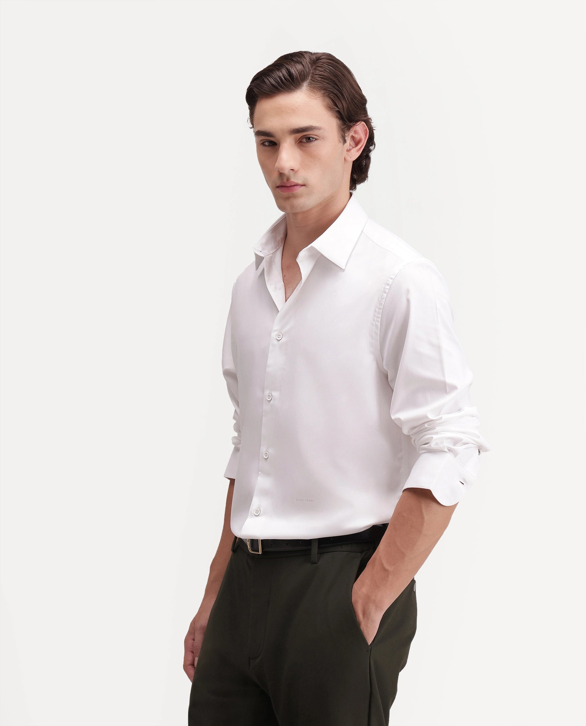 Rare Rabbit Men's Zapi White Polyester Blend Spread Collar Regular Fit Plain Shirt
