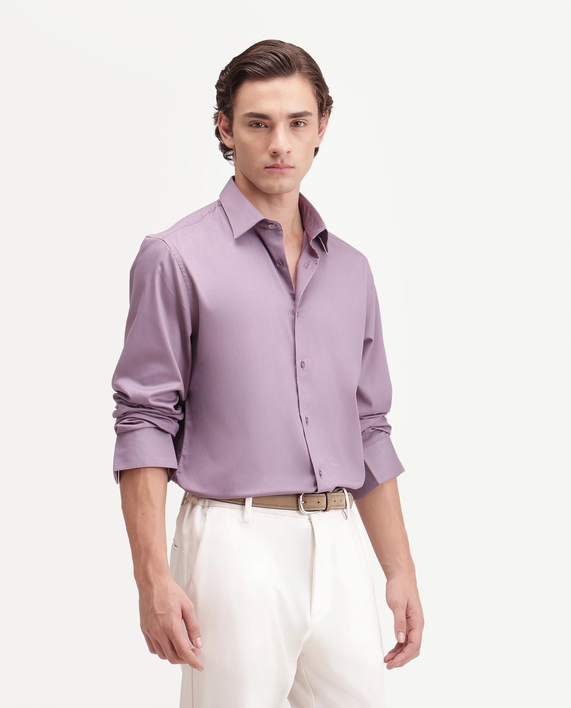 Rare Rabbit Men's Zapi Dusky Purple Polyester Blend Spread Collar Regular Fit Plain Shirt
