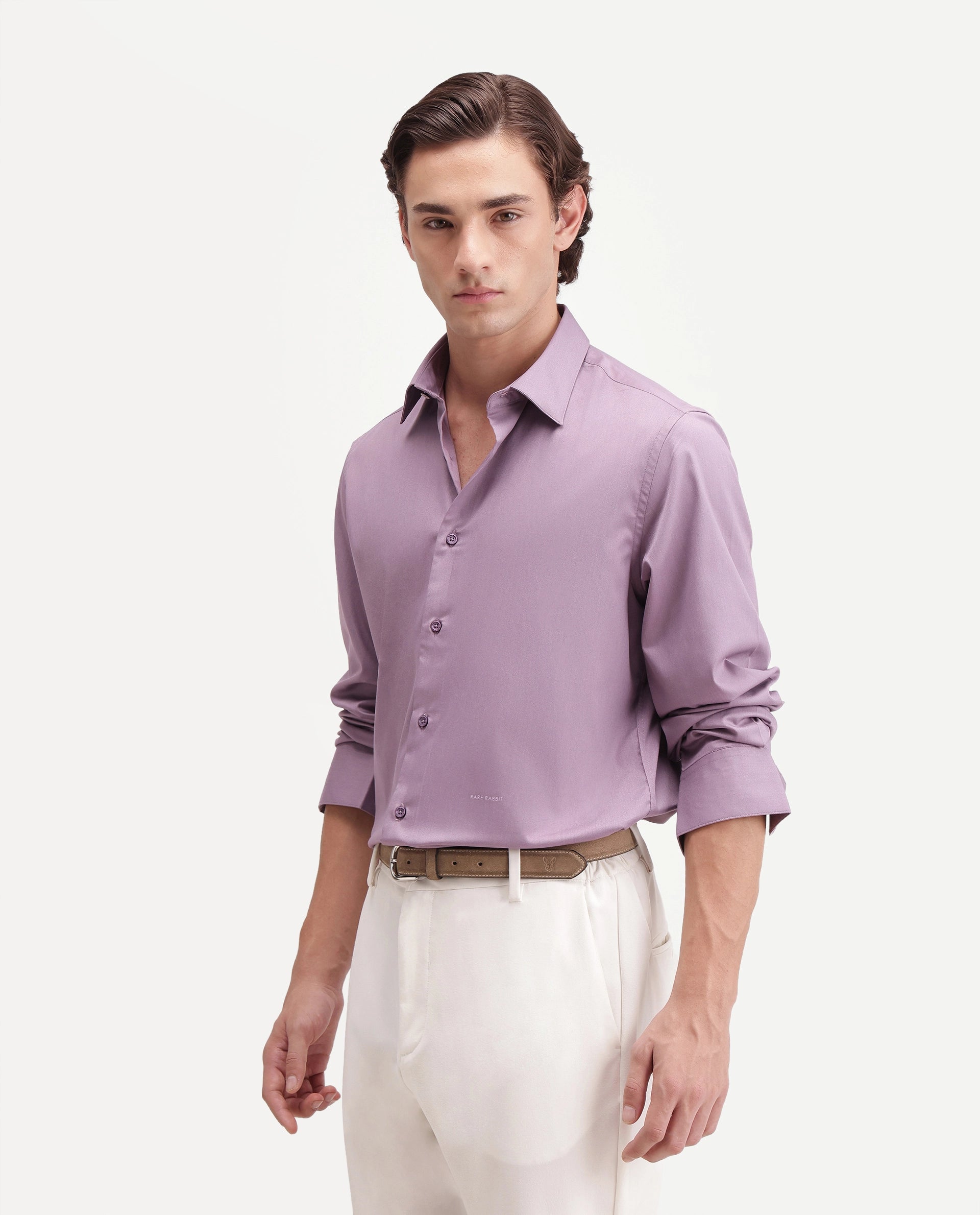 Rare Rabbit Men's Zapi Dusky Purple Polyester Blend Spread Collar Regular Fit Plain Shirt
