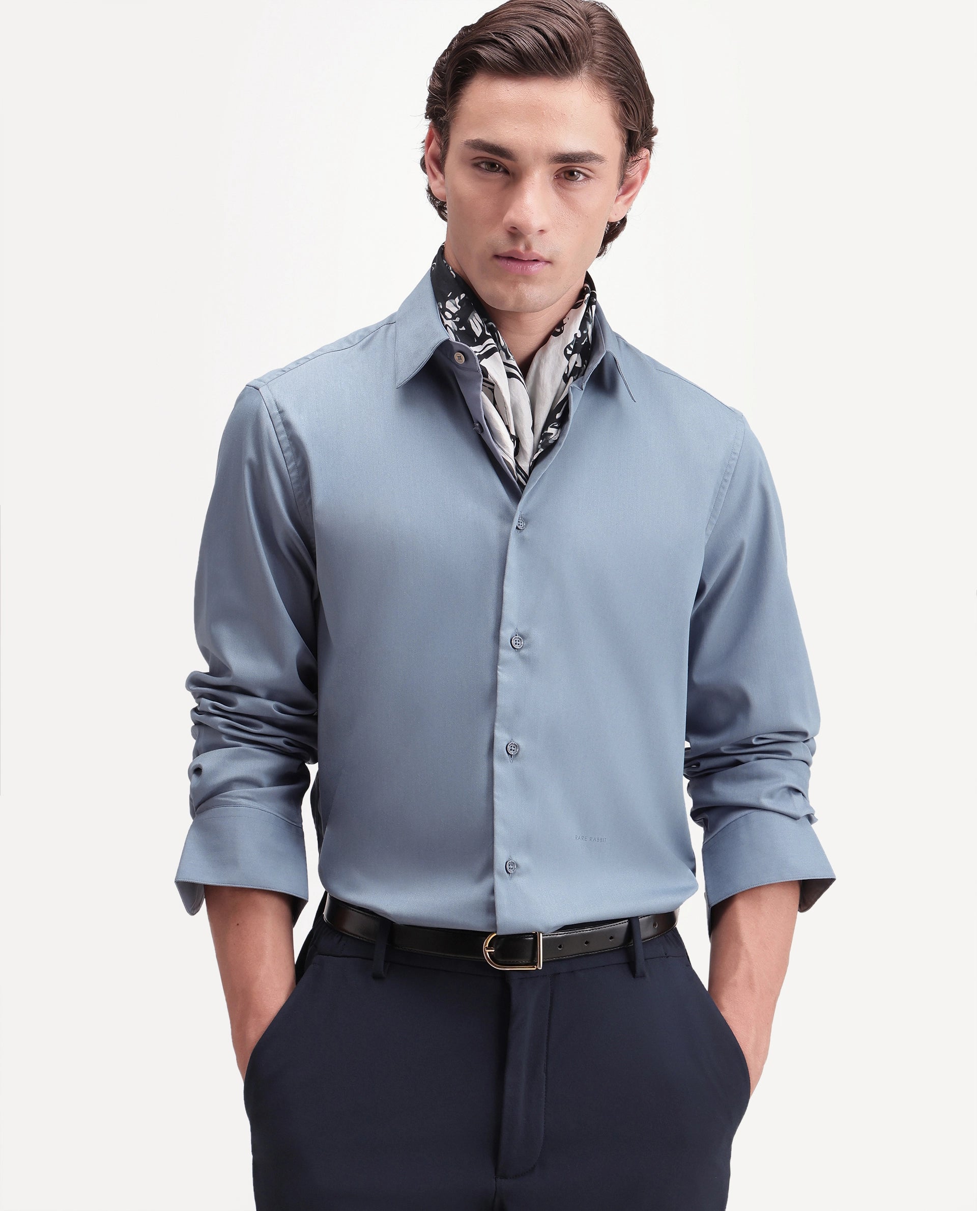 Rare Rabbit Men's Zapi Dusky Blue Polyester Blend Spread Collar Regular Fit Plain Shirt
