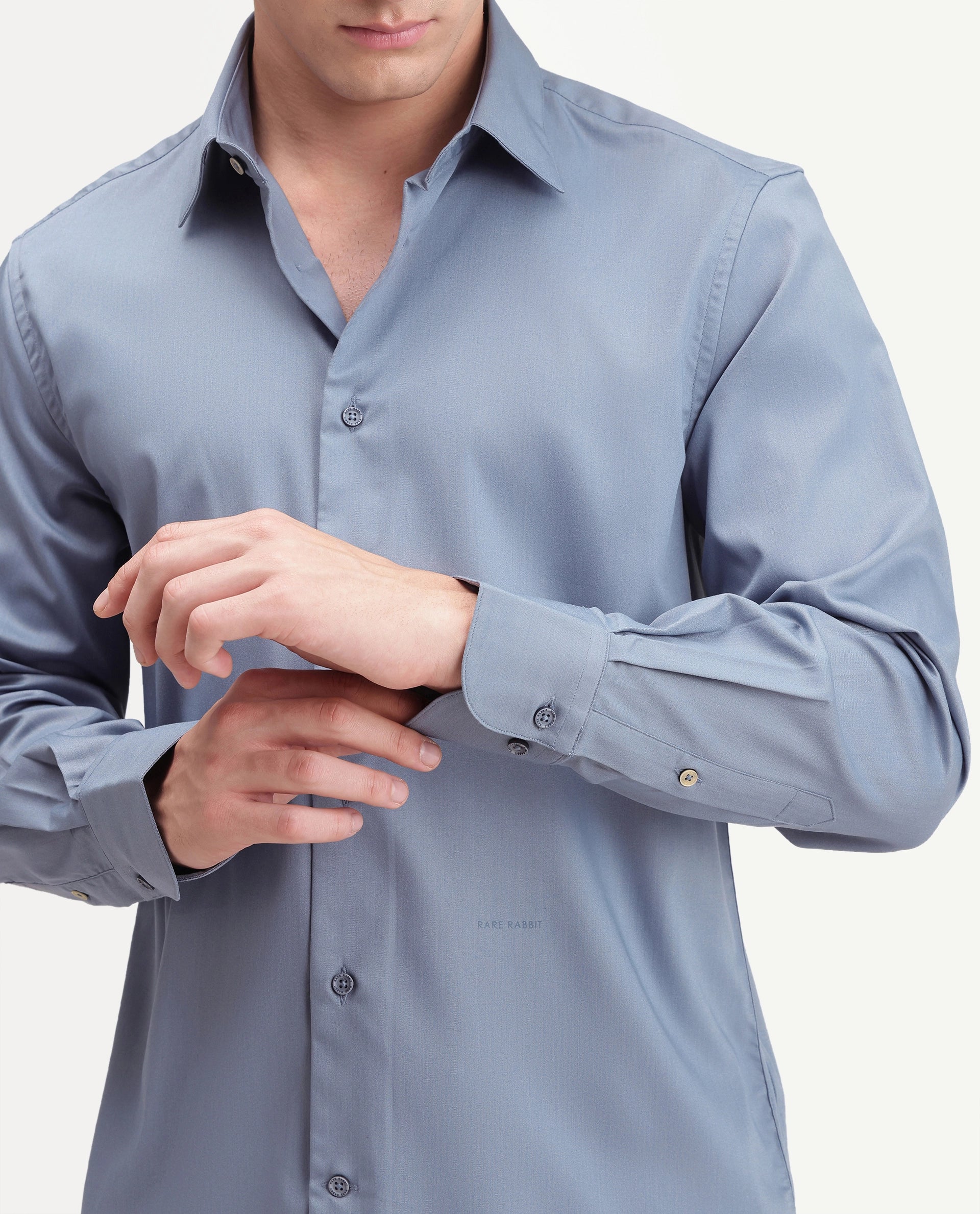 Rare Rabbit Men's Zapi Dusky Blue Polyester Blend Spread Collar Regular Fit Plain Shirt