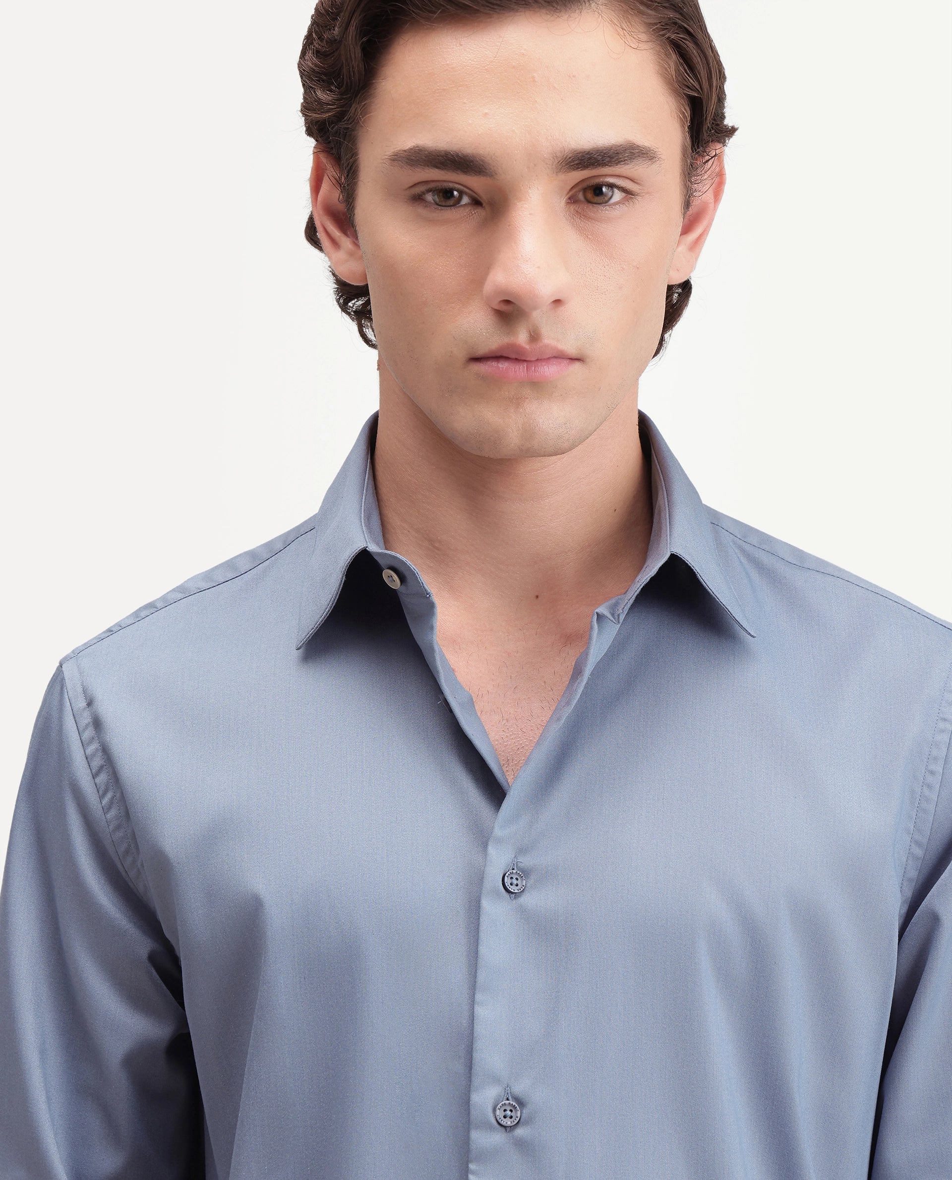 Rare Rabbit Men's Zapi Dusky Blue Polyester Blend Spread Collar Regular Fit Plain Shirt