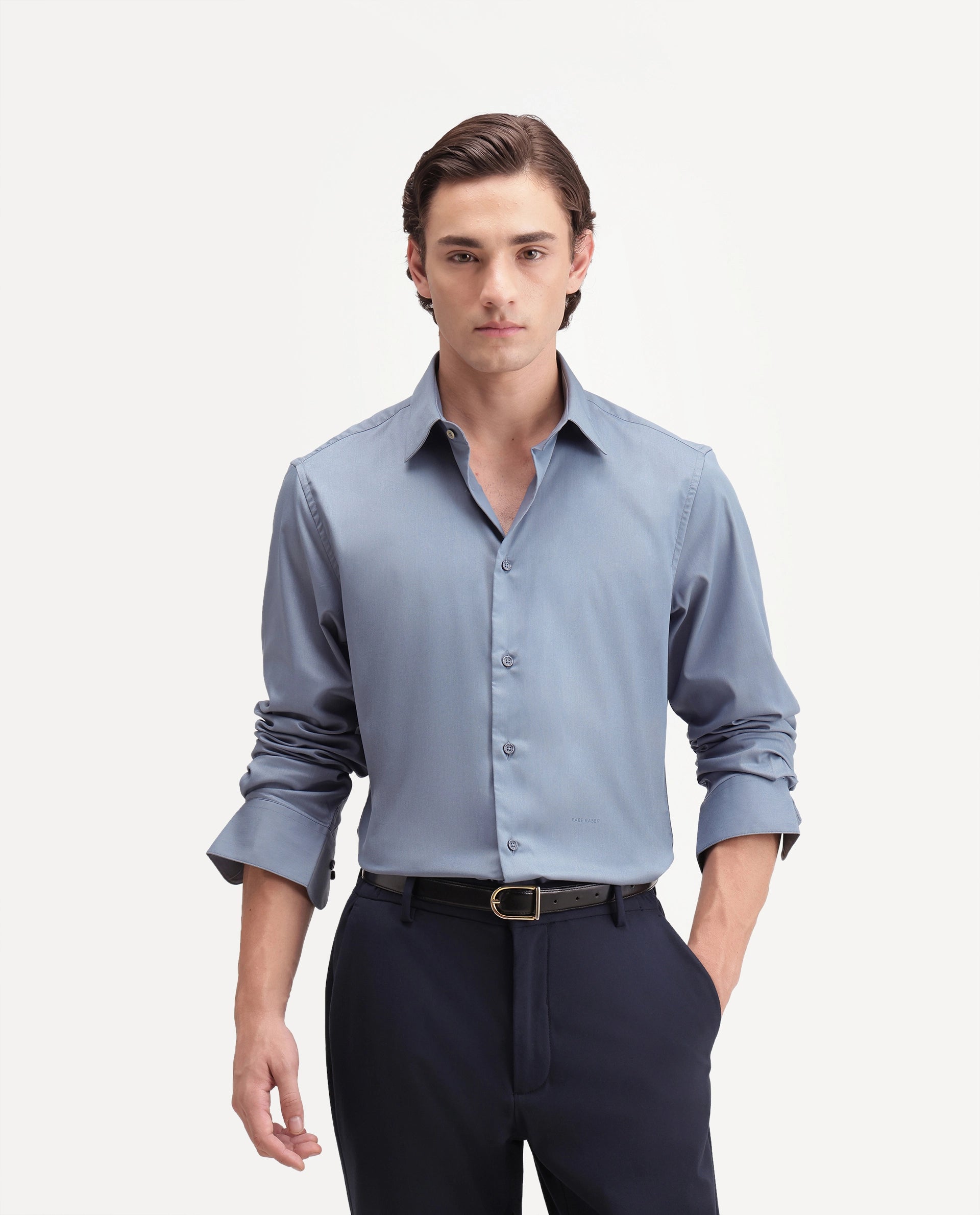 Rare Rabbit Men's Zapi Dusky Blue Polyester Blend Spread Collar Regular Fit Plain Shirt