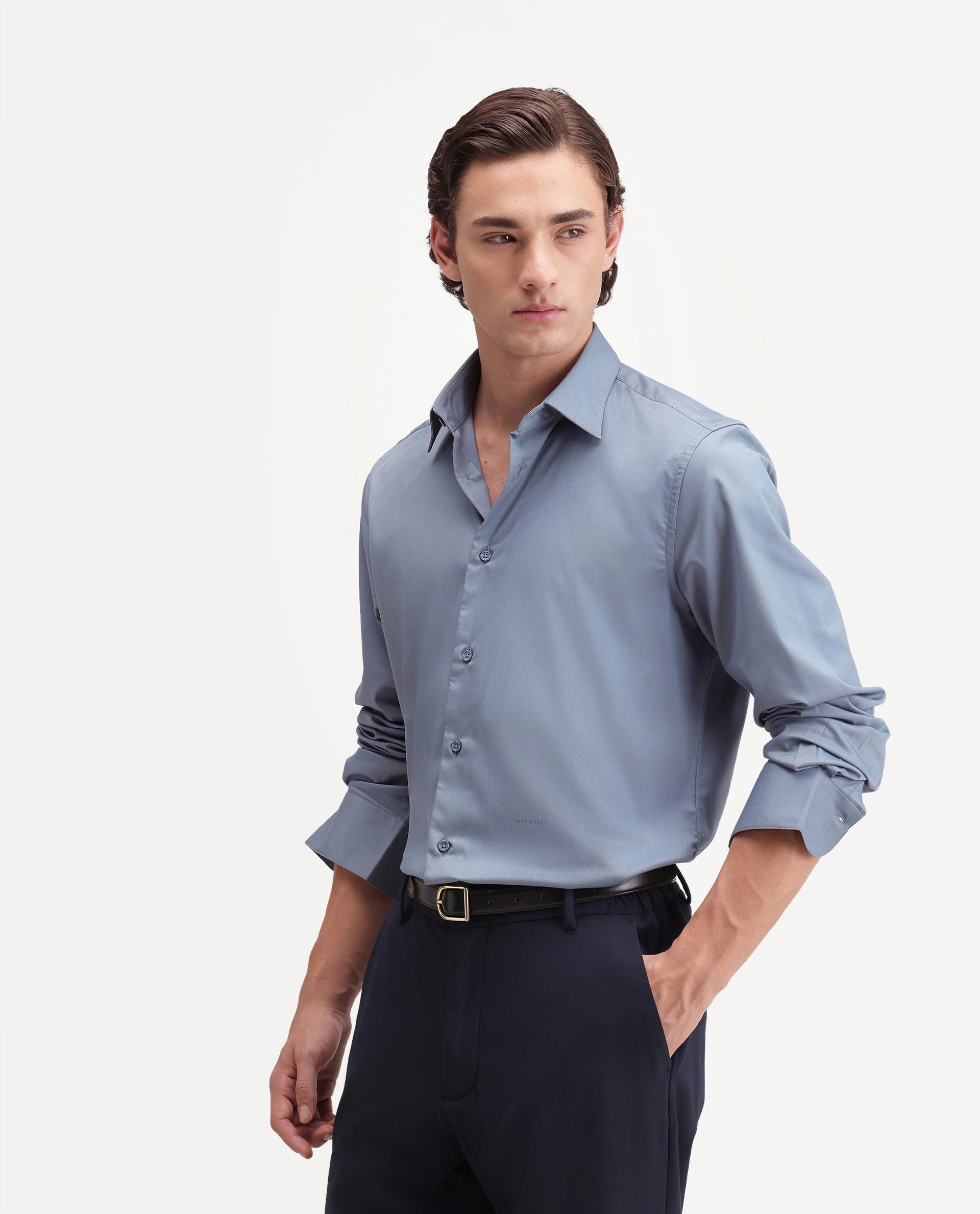 Rare Rabbit Men's Zapi Dusky Blue Polyester Blend Spread Collar Regular Fit Plain Shirt