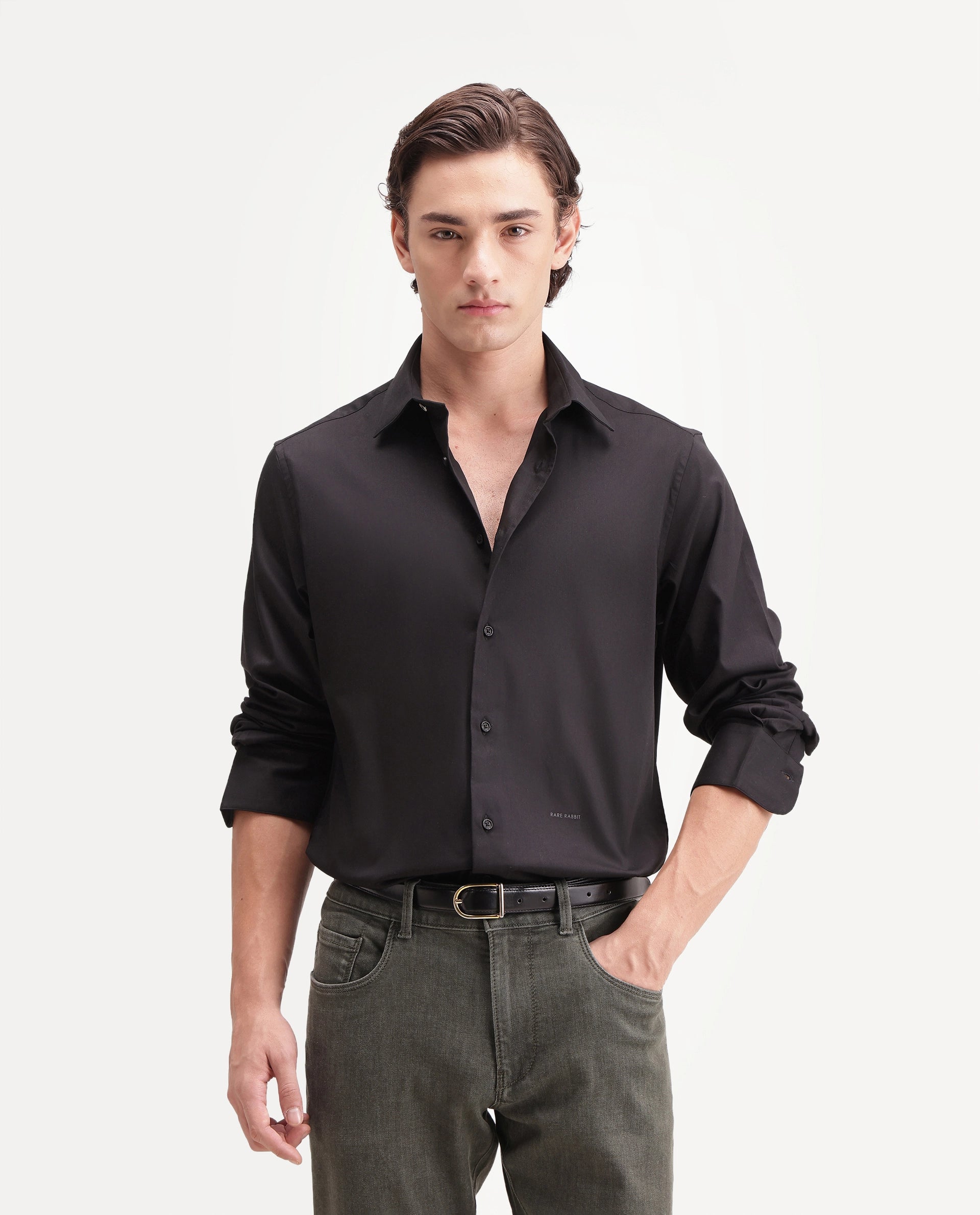 Rare Rabbit Men's Zapi Black Polyester Blend Spread Collar Regular Fit Plain Shirt