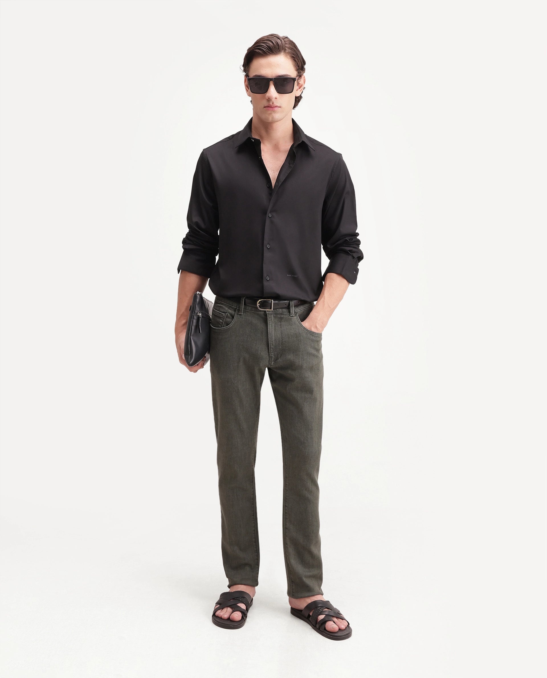 Rare Rabbit Men's Zapi Black Polyester Blend Spread Collar Regular Fit Plain Shirt