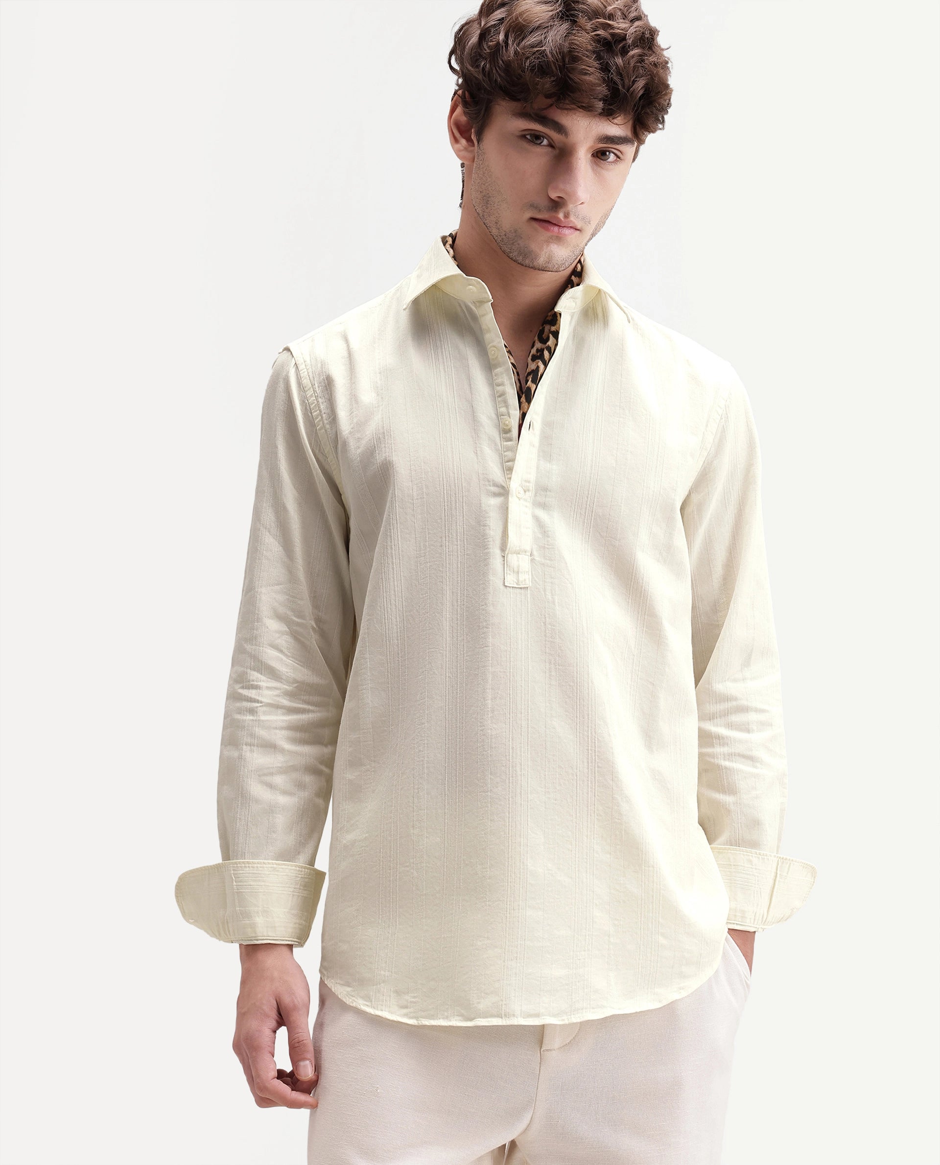 Rare Rabbit Men's Kord Off White Cotton Spread Collar Regular Fit Striped Shirt