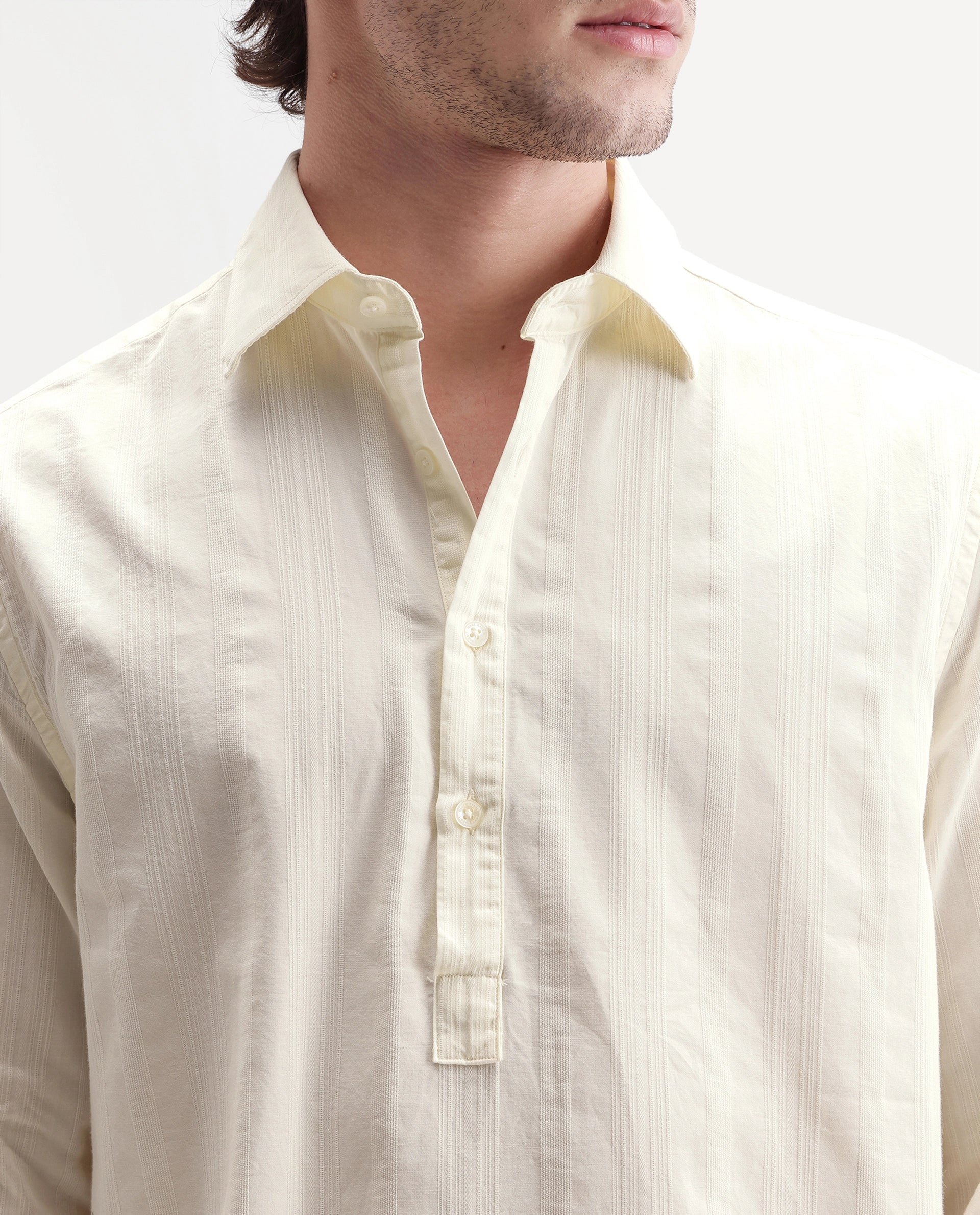 Rare Rabbit Men's Kord Off White Cotton Spread Collar Regular Fit Striped Shirt