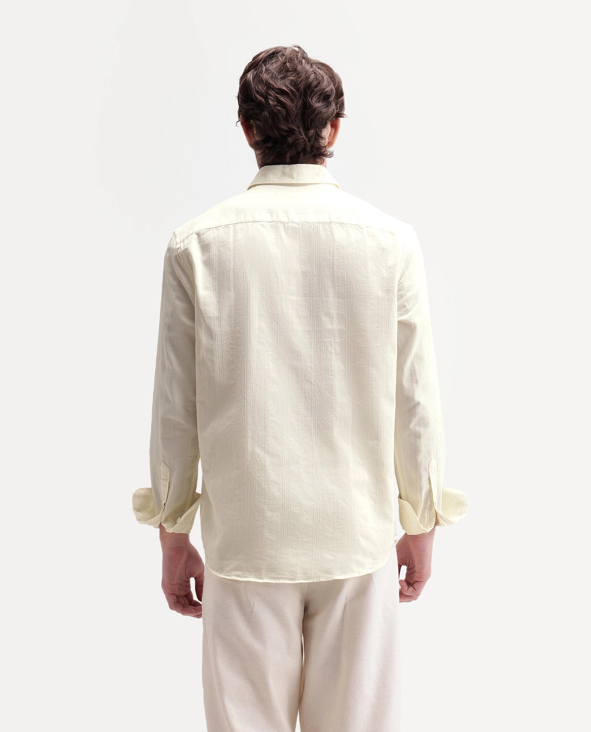 Rare Rabbit Men's Kord Off White Cotton Spread Collar Regular Fit Striped Shirt