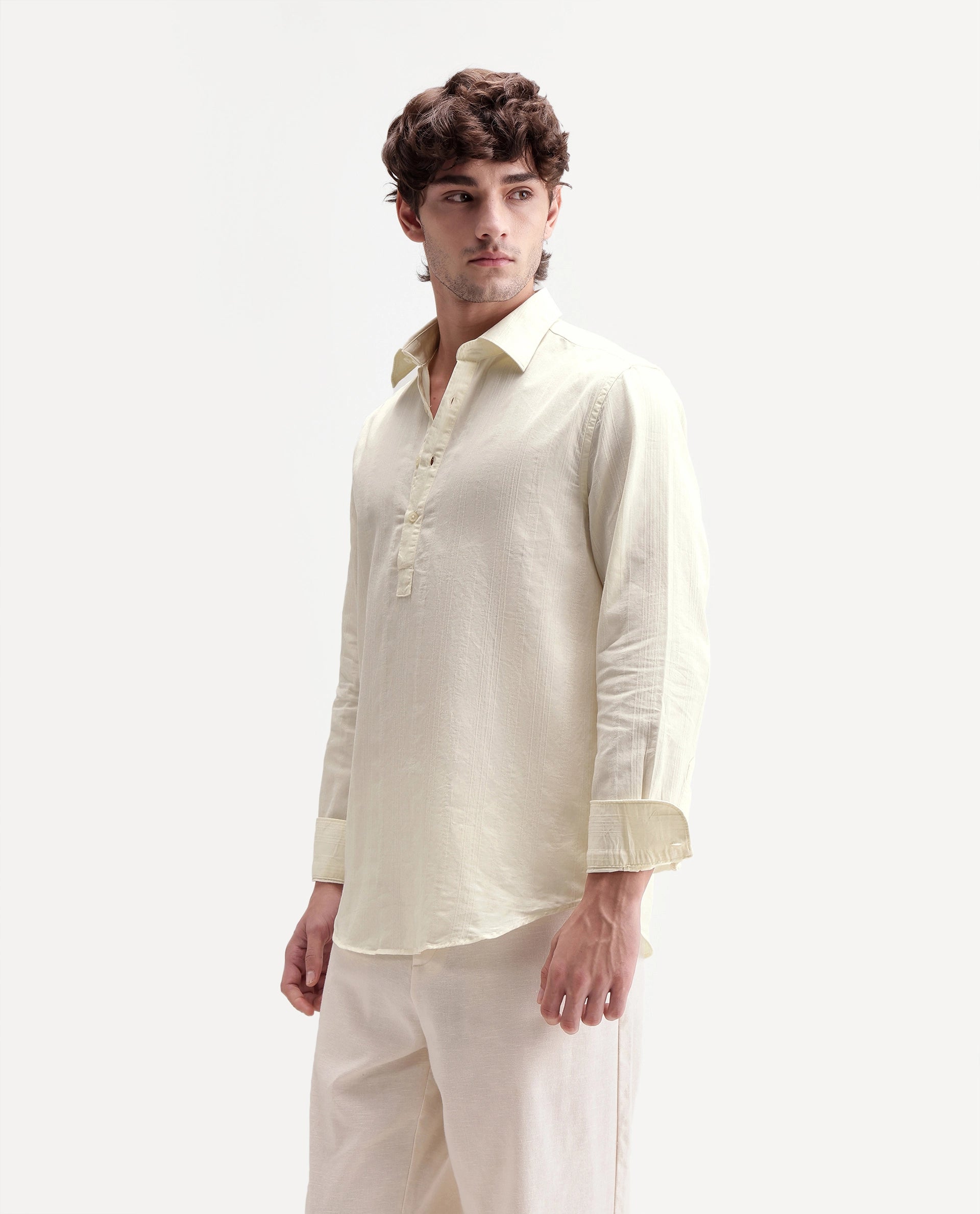 Rare Rabbit Men's Kord Off White Cotton Spread Collar Regular Fit Striped Shirt