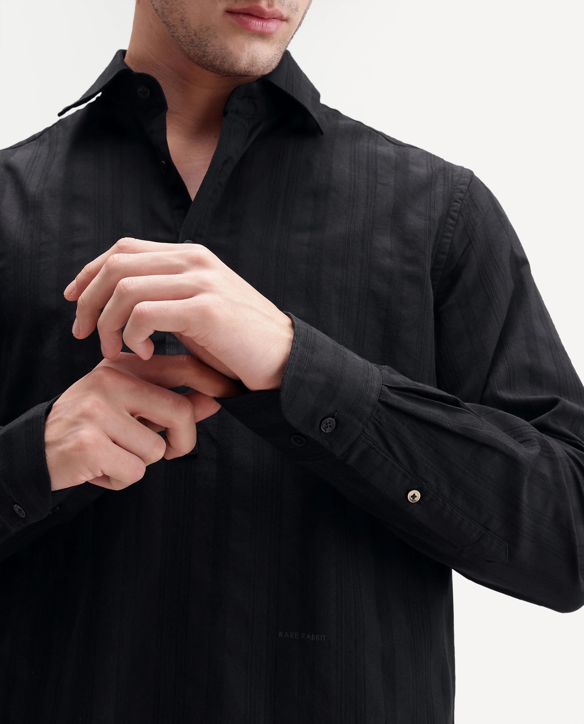 Rare Rabbit Men's Kord Black Cotton Spread Collar Regular Fit Striped Shirt