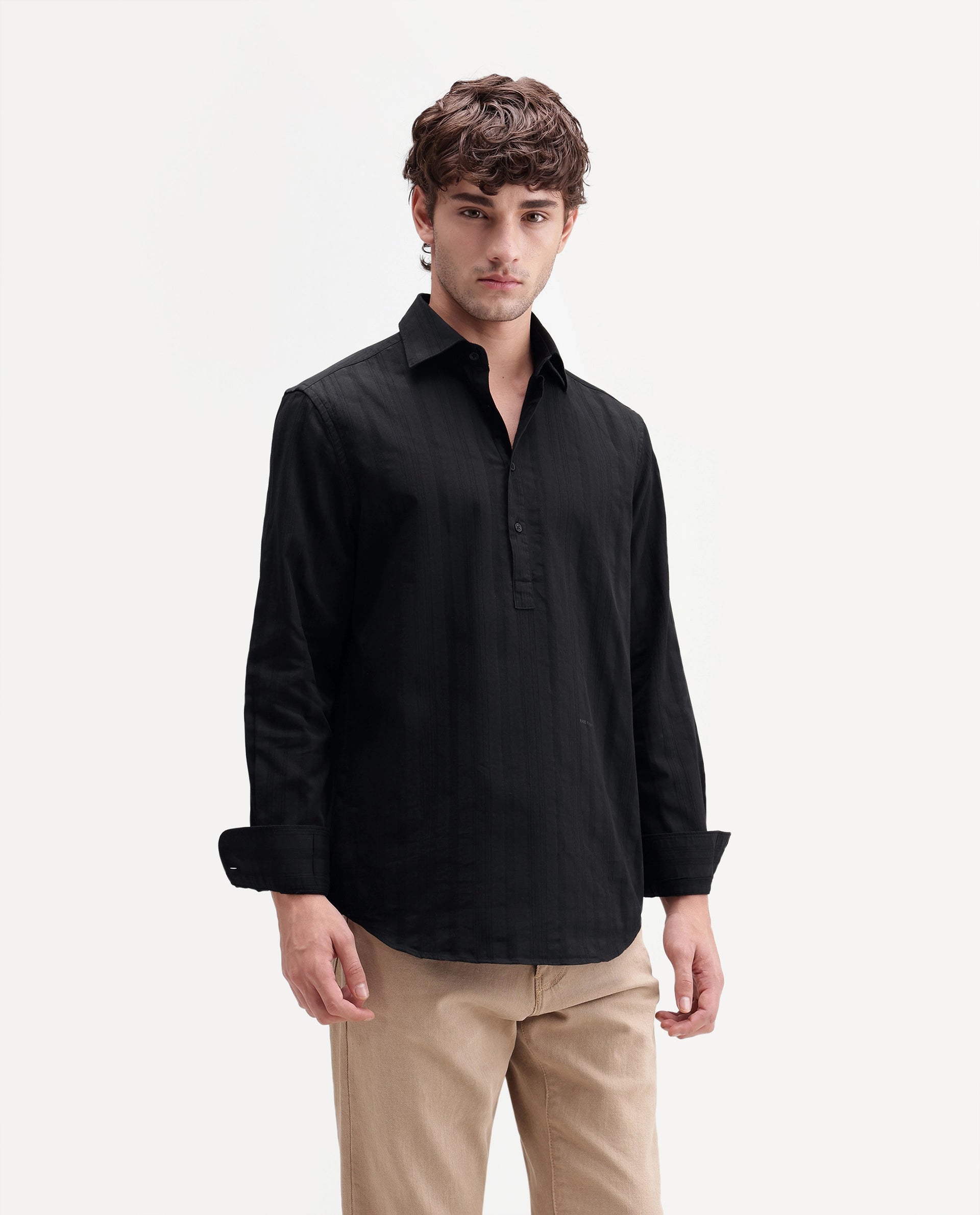 Rare Rabbit Men's Kord Black Cotton Spread Collar Regular Fit Striped Shirt
