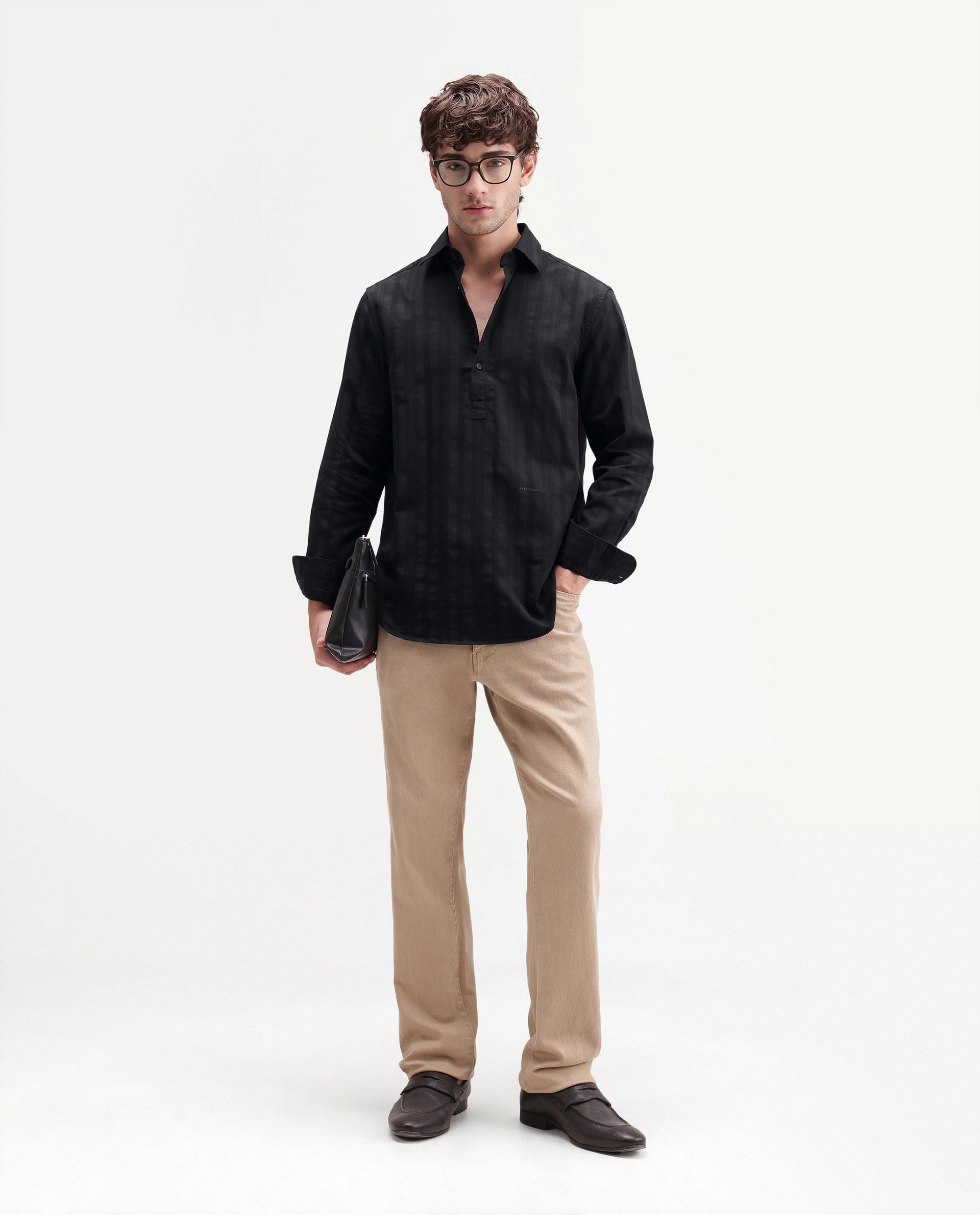 Rare Rabbit Men's Kord Black Cotton Spread Collar Regular Fit Striped Shirt