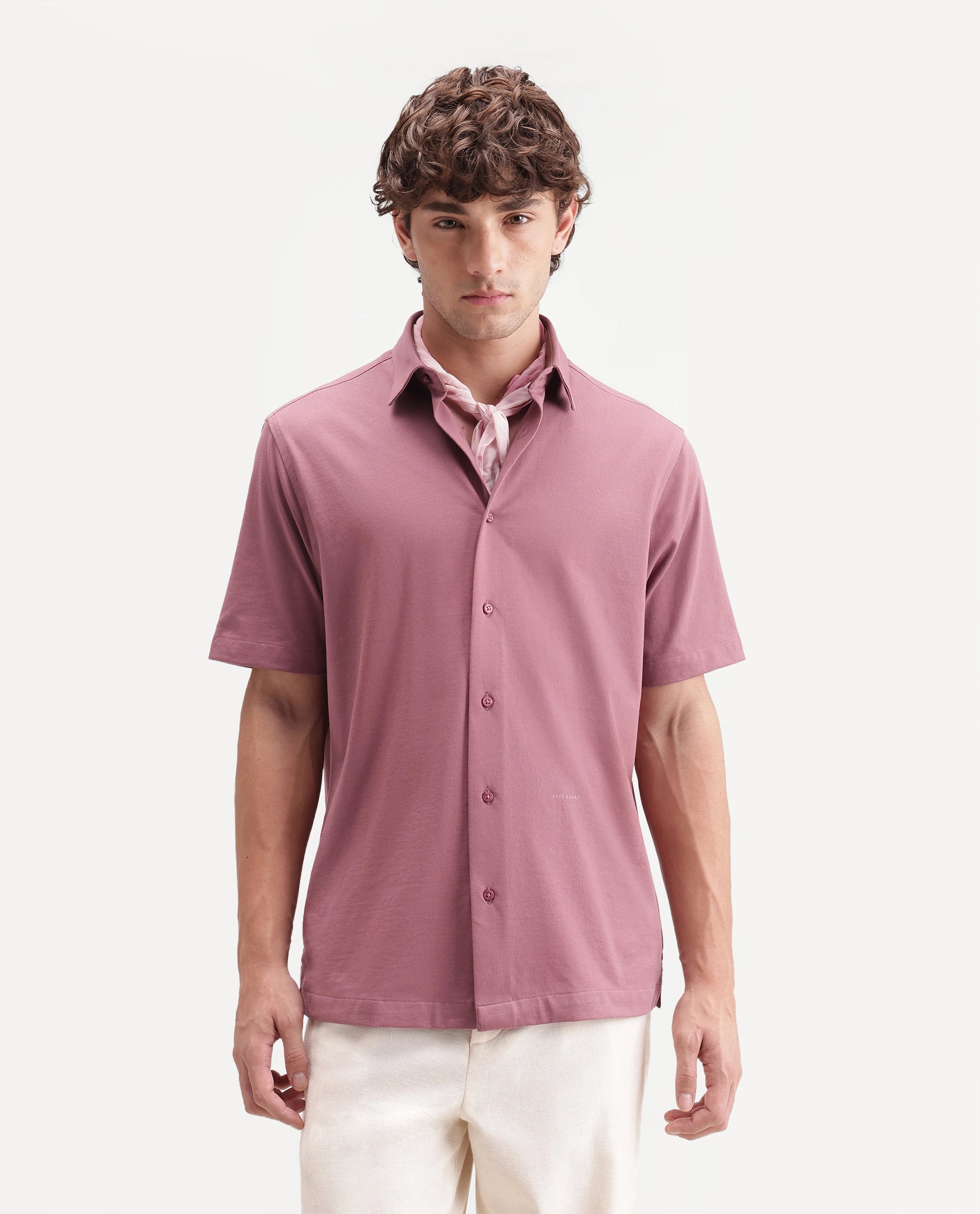Rare Rabbit Men's Darvin Dark Pink Polyester Blend Spread Collar Regular Fit Plain Shirt