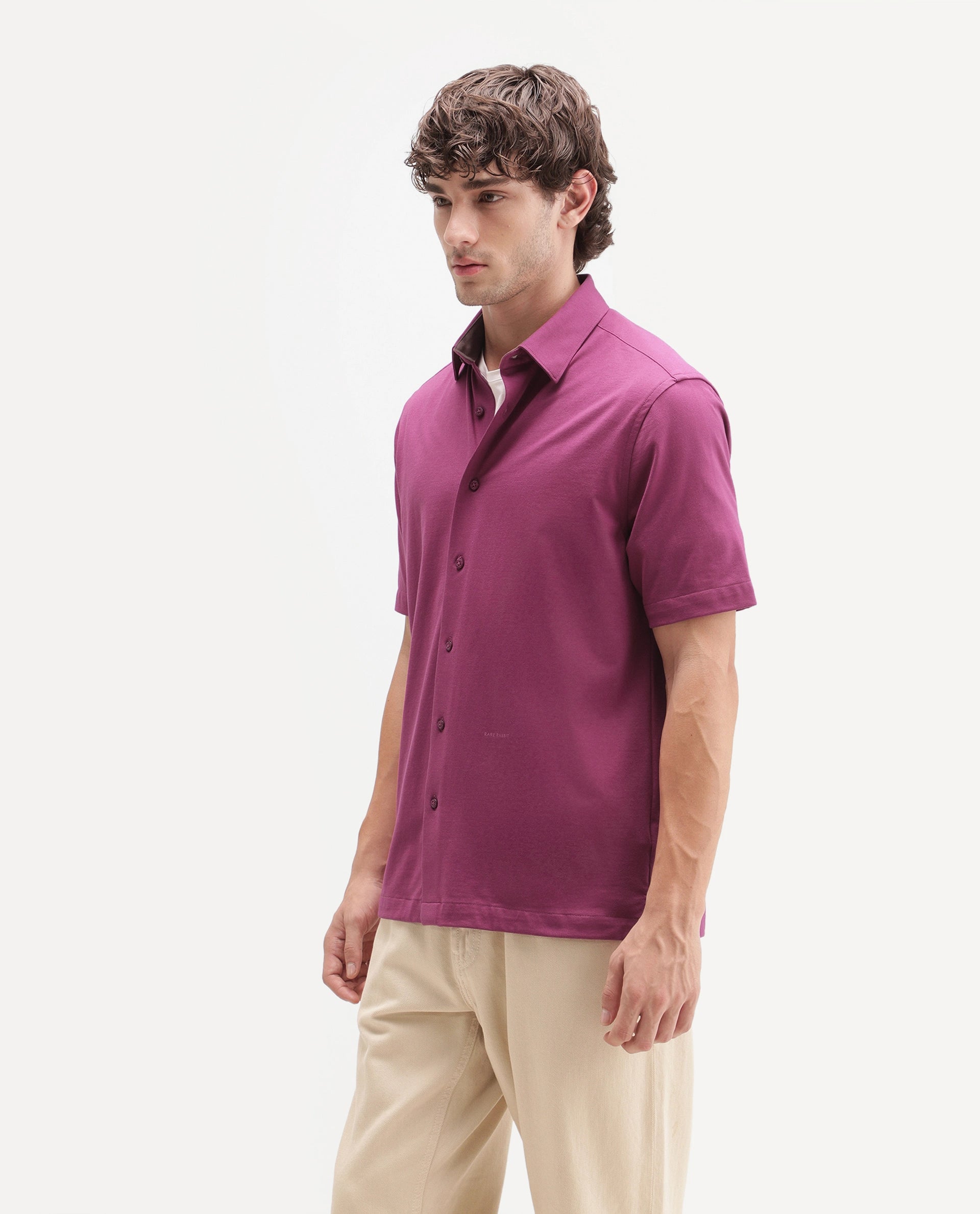 Rare Rabbit Men's Darvin Dusky Red Polyester Blend Spread Collar Regular Fit Plain Shirt