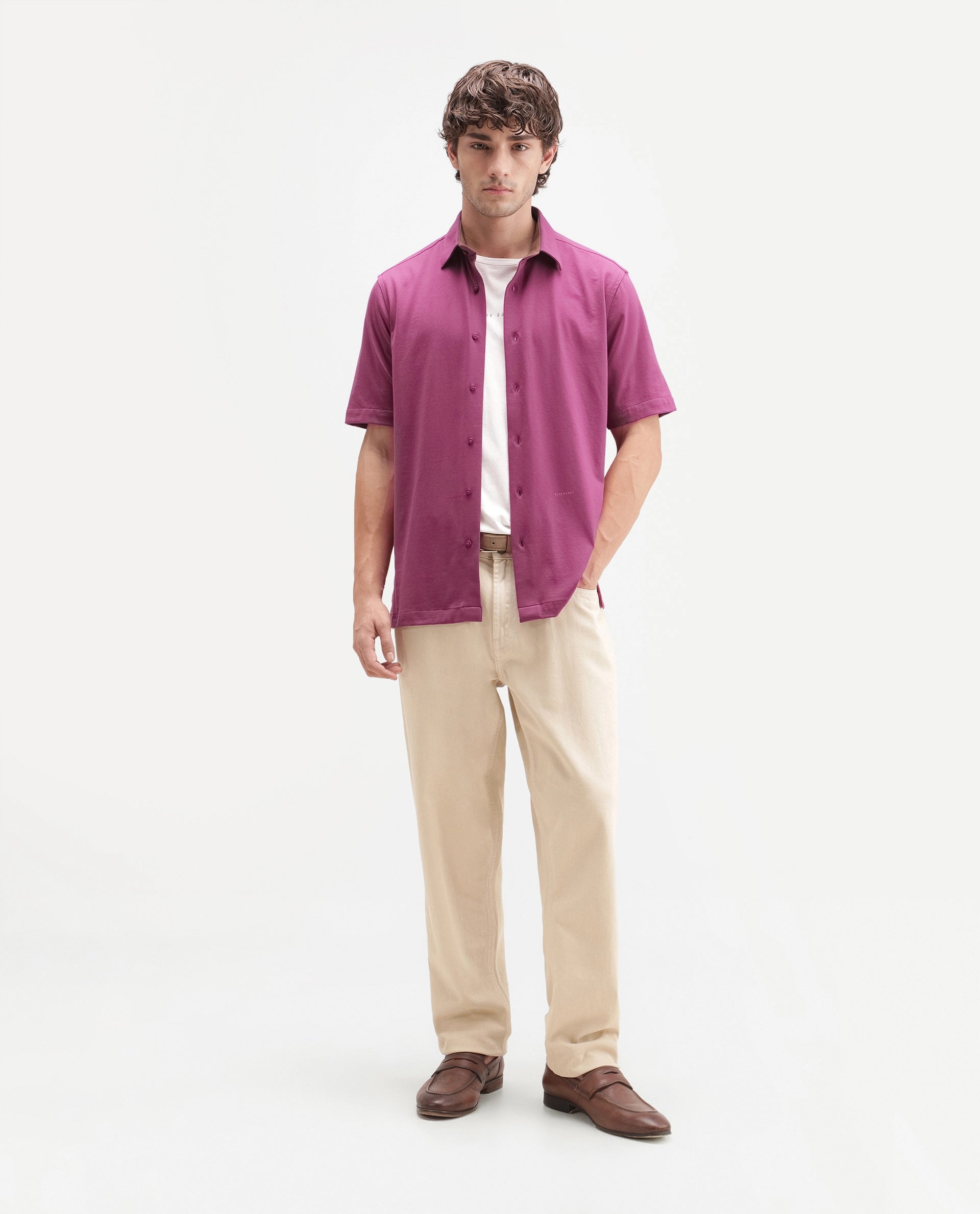 Rare Rabbit Men's Darvin Dusky Red Polyester Blend Spread Collar Regular Fit Plain Shirt