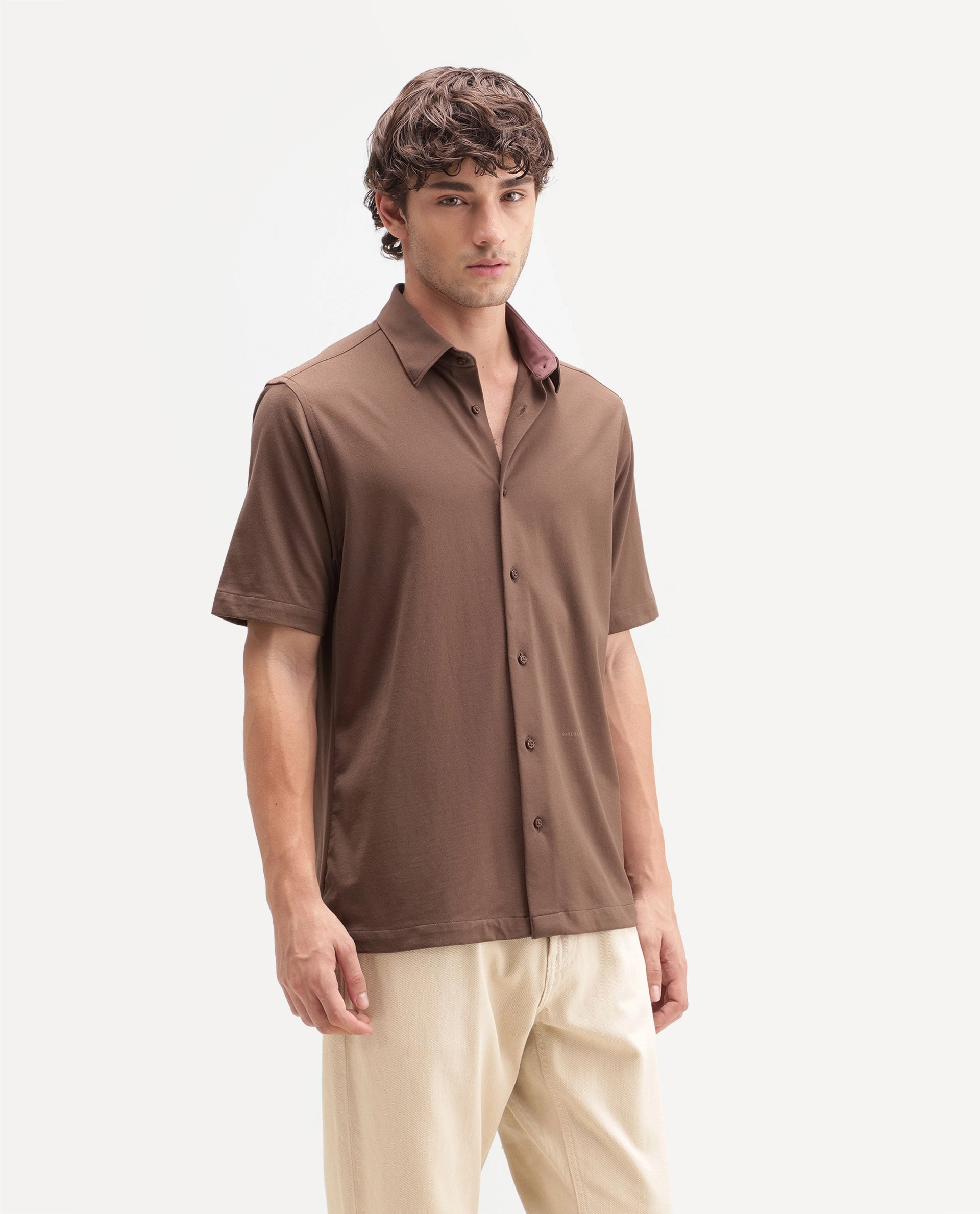 Rare Rabbit Men's Darvin Brown Polyester Blend Spread Collar Regular Fit Plain Shirt