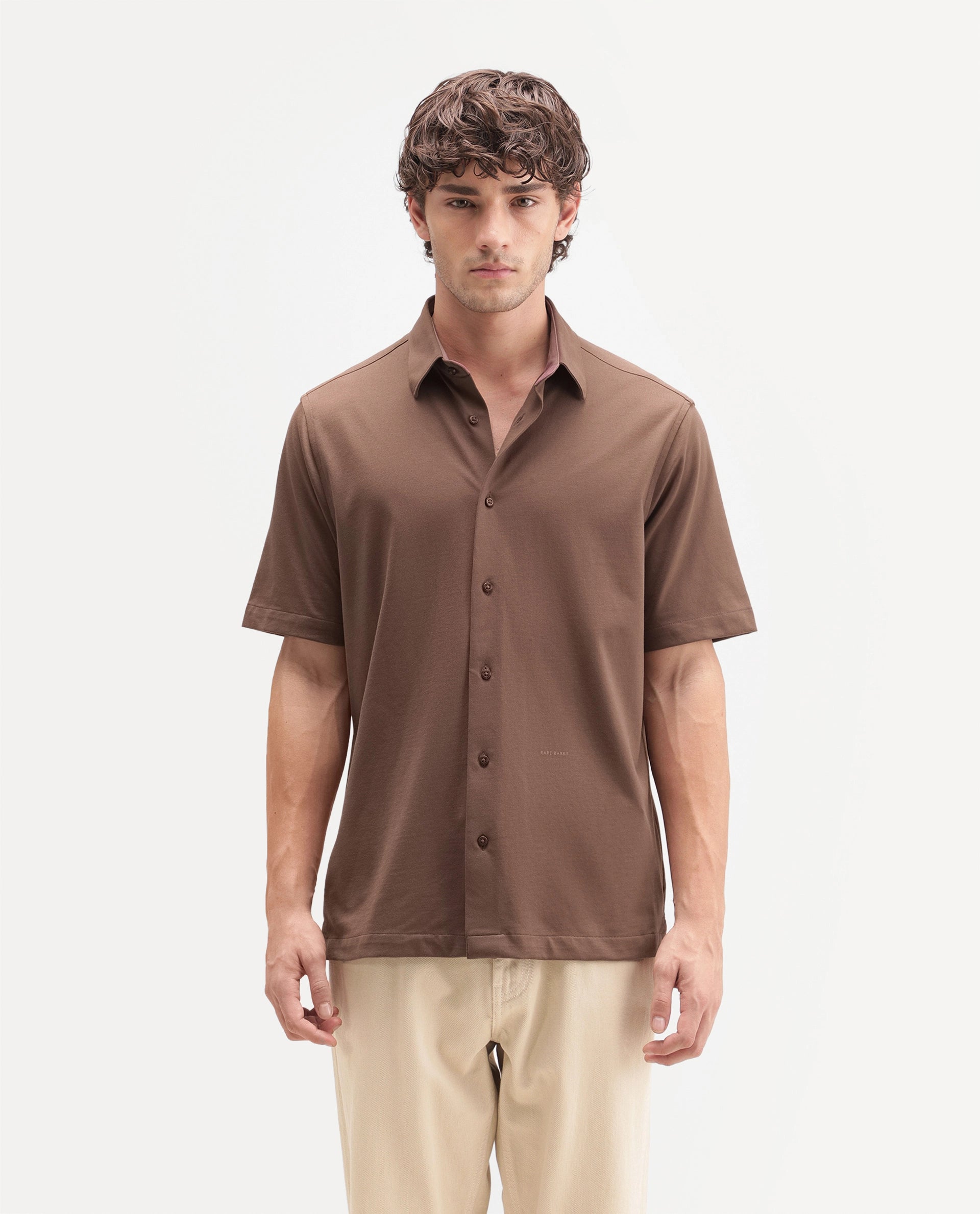 Rare Rabbit Men's Darvin Brown Polyester Blend Spread Collar Regular Fit Plain Shirt