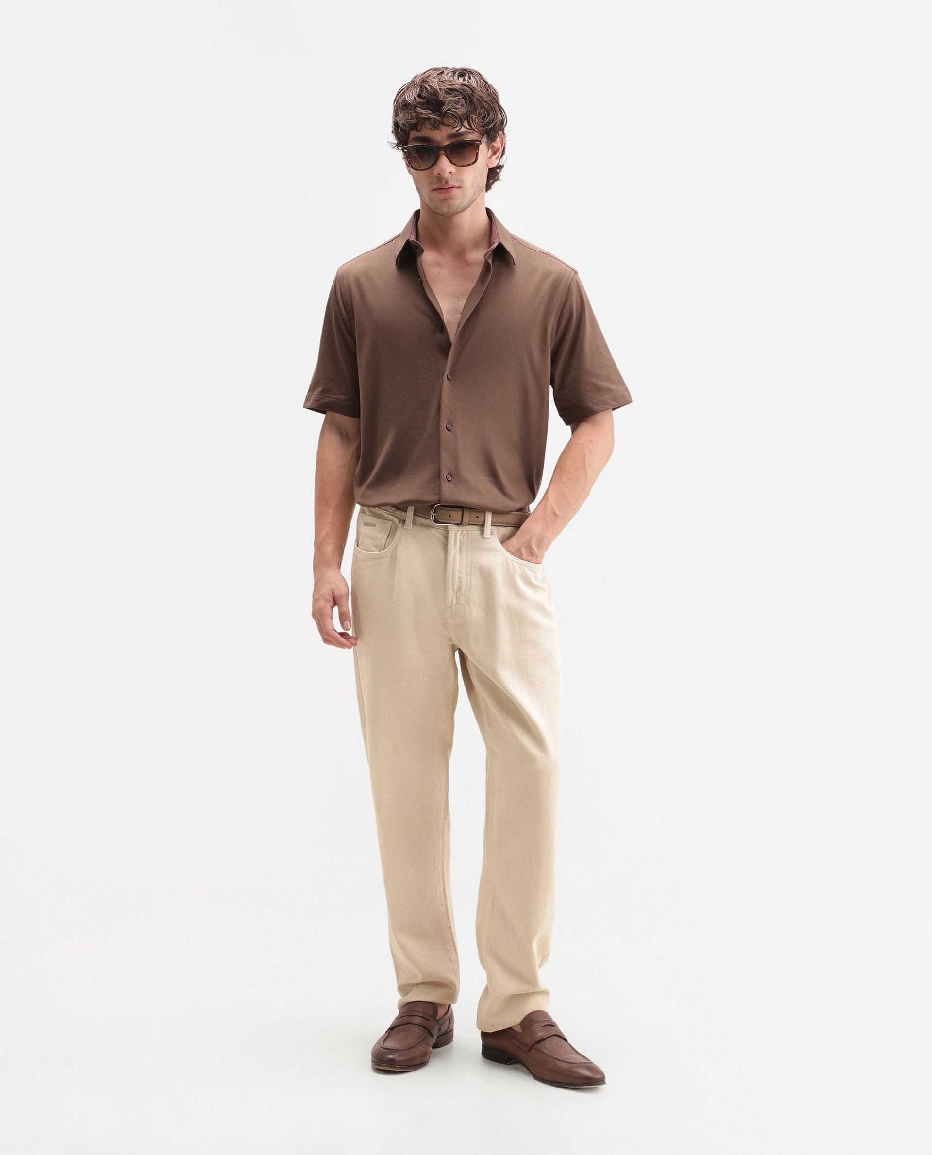 Rare Rabbit Men's Darvin Brown Polyester Blend Spread Collar Regular Fit Plain Shirt