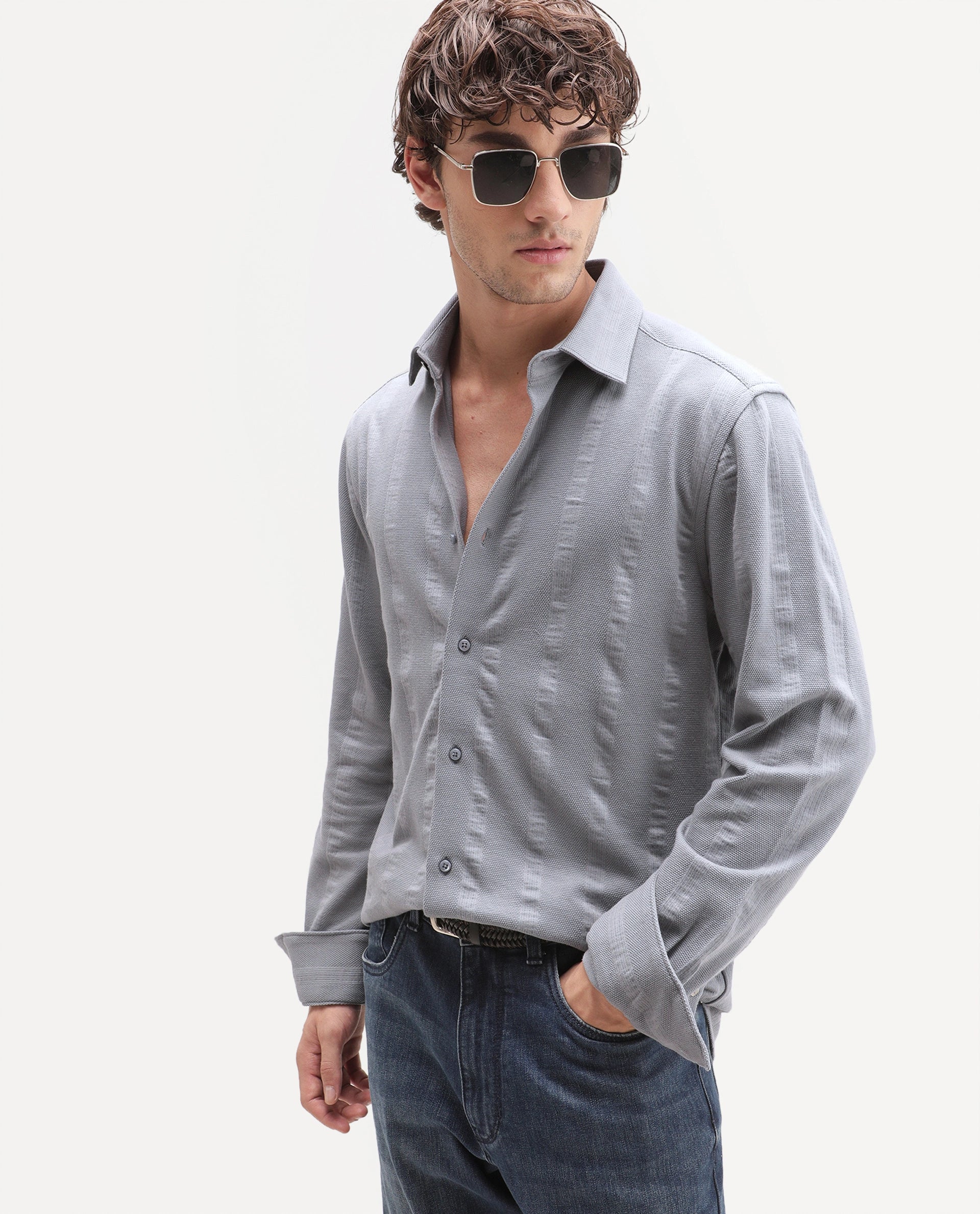 Rare Rabbit Men's Avor Dusky Blue Cotton Blend Spread Collar Regular Fit Striped Shirt