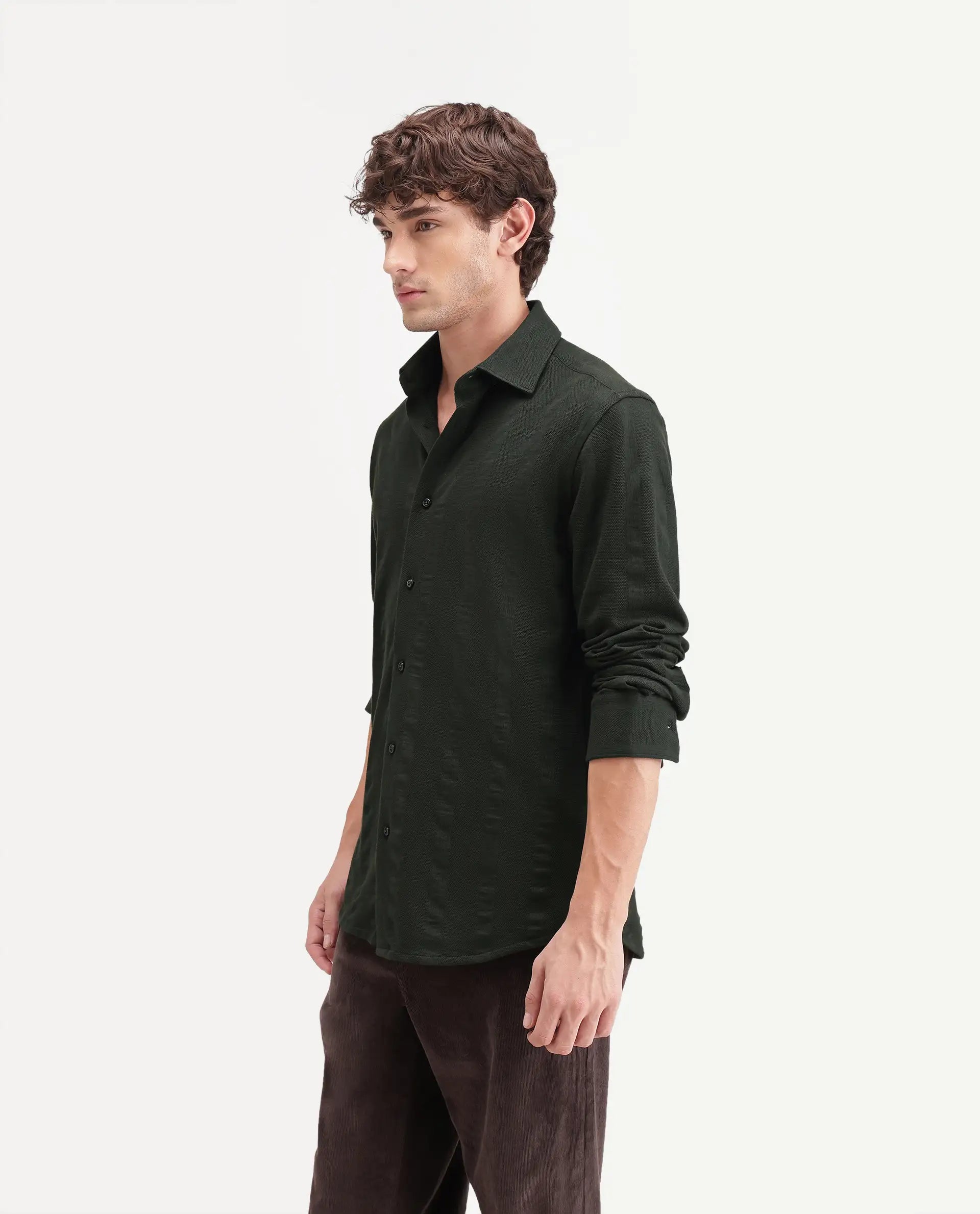 Rare Rabbit Men's Avor Dark Green Cotton Blend Spread Collar Regular Fit Striped Shirt
