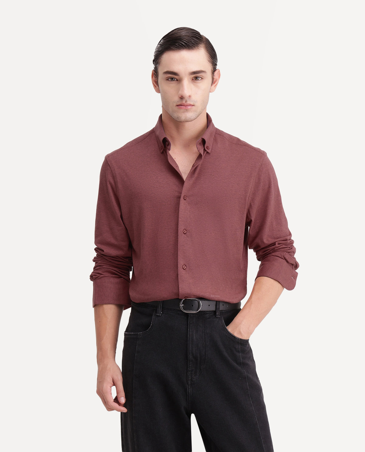 Rare Rabbit Men's Kenway Red Cotton Blend Button-Down Collar Regular Fit Plain Shirt